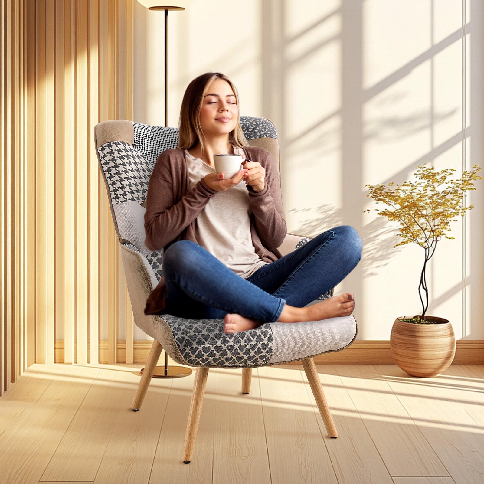 Joysoul Modern High Back Accent Chair - Grey Plaid Upholstered Armchair for Living Room, Bedroom & Waiting Room - Perfect for Reading, Relaxing & Home Decor