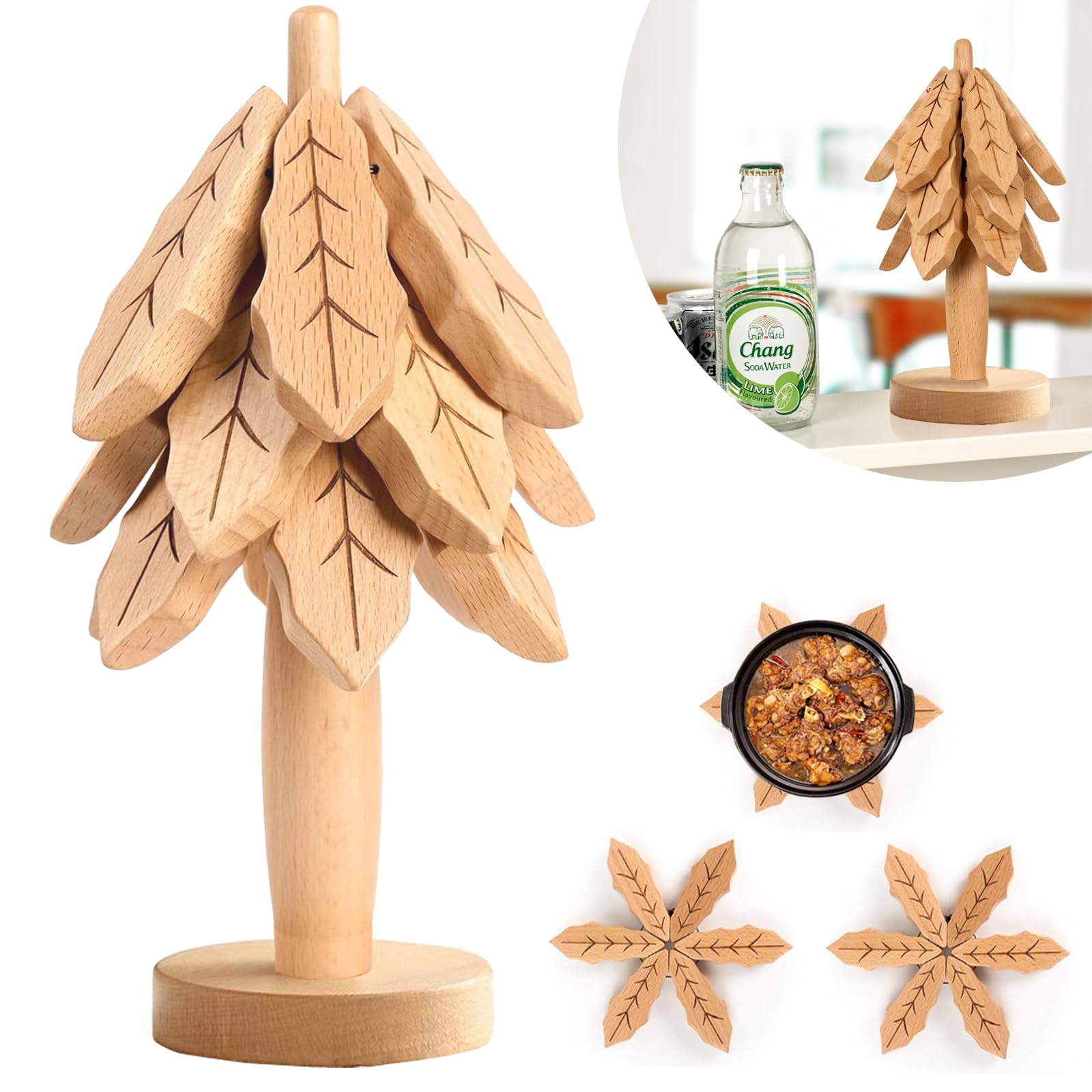 Premium Wooden Trivet Set for Hot Pots & Pans - 3-Layer Heat-Resistant Tree Design with Stand - Perfect for Dining Table, Kitchen Counter & Outdoor BBQ Protection