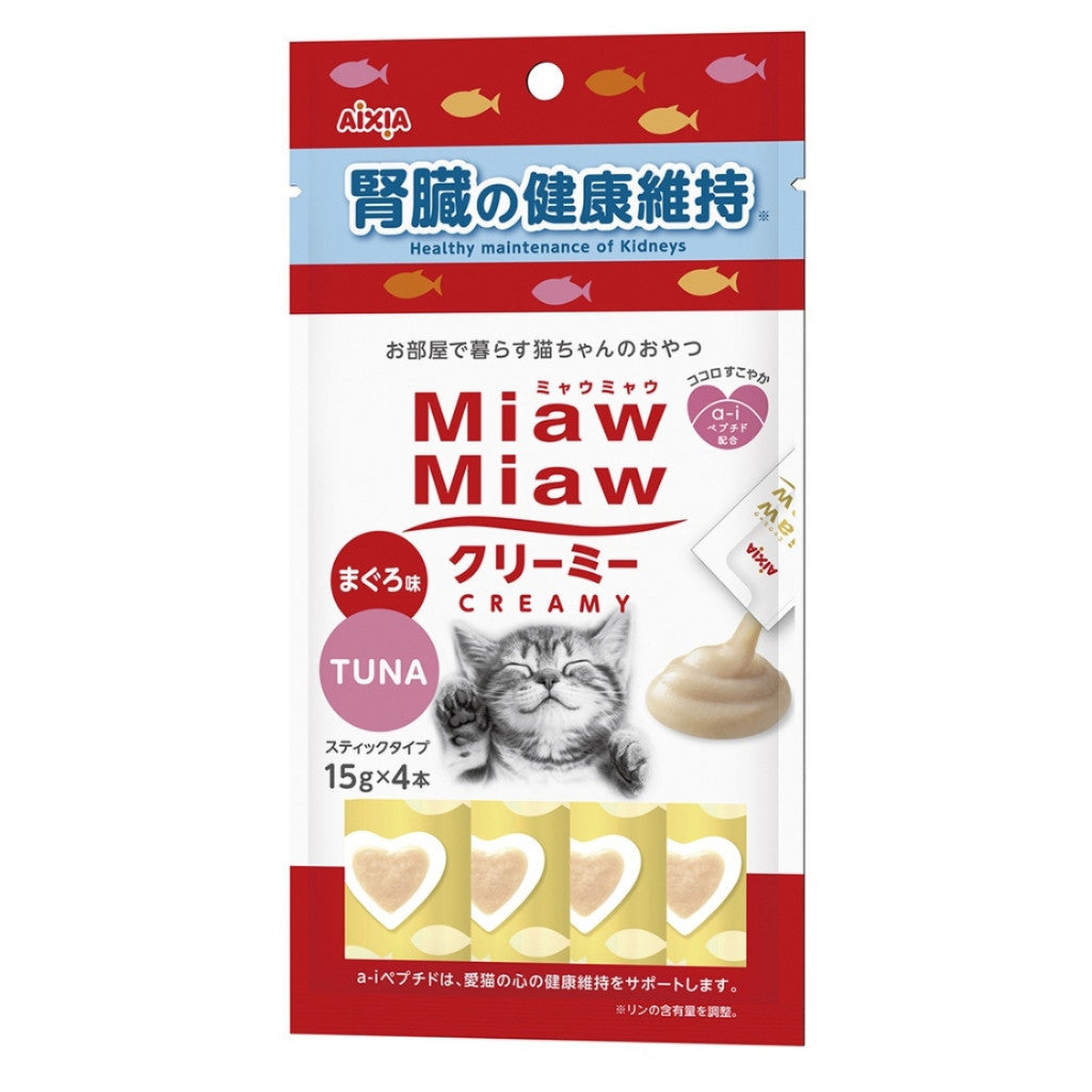 Aixia Miaw Miaw Creamy Purée Cat Treats 15g x4 Pack - Healthy & Delicious Creamy Cat Snacks for Adult & Senior Cats - Perfect for Training, Rewards or Bonding Time with Your Feline Friend