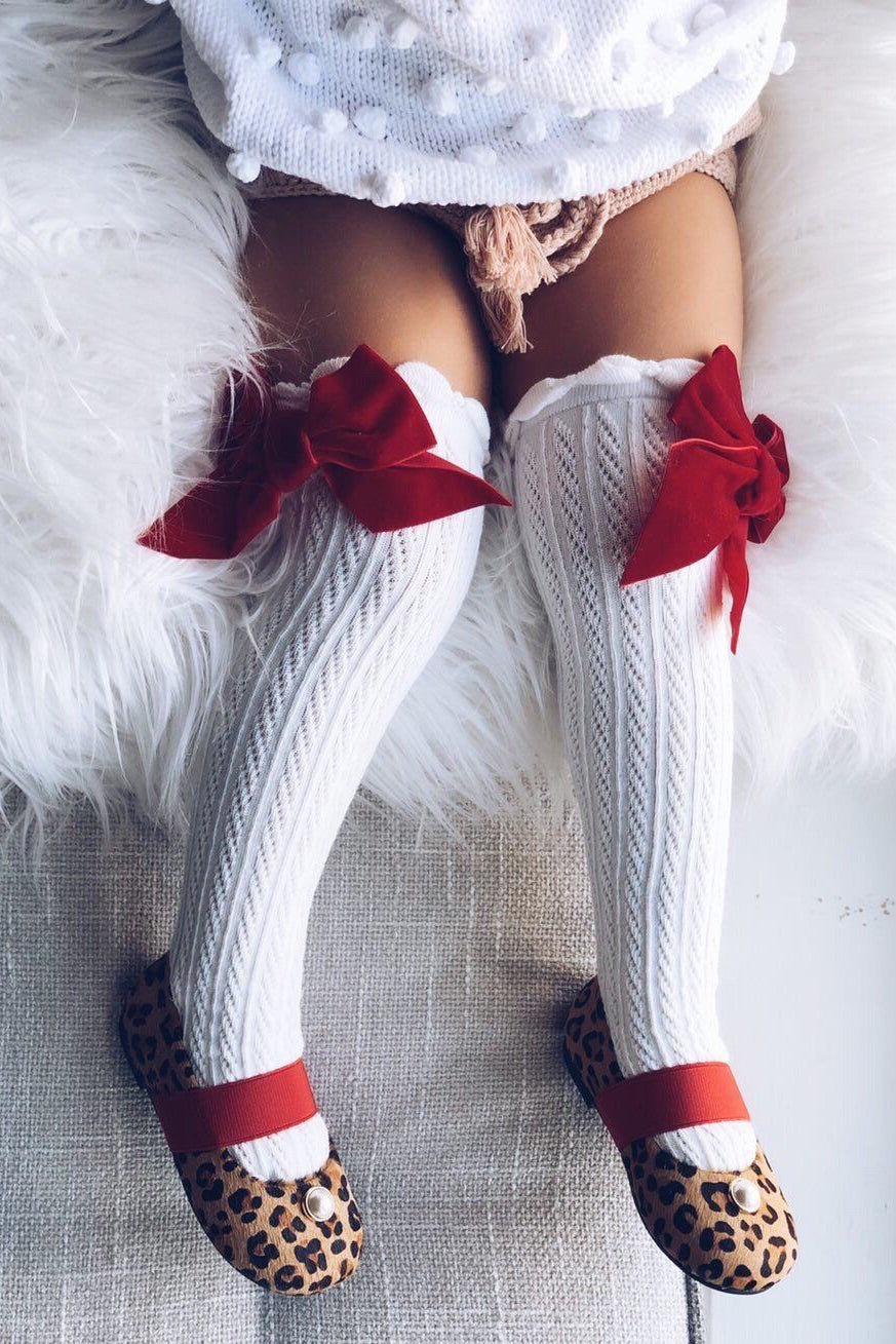 Knee High Velvet Bow Socks for Women - Soft & Elegant Winter Fashion Socks (Black/White) - Perfect for Christmas Gifts, Outfit Accessories & Cold Weather