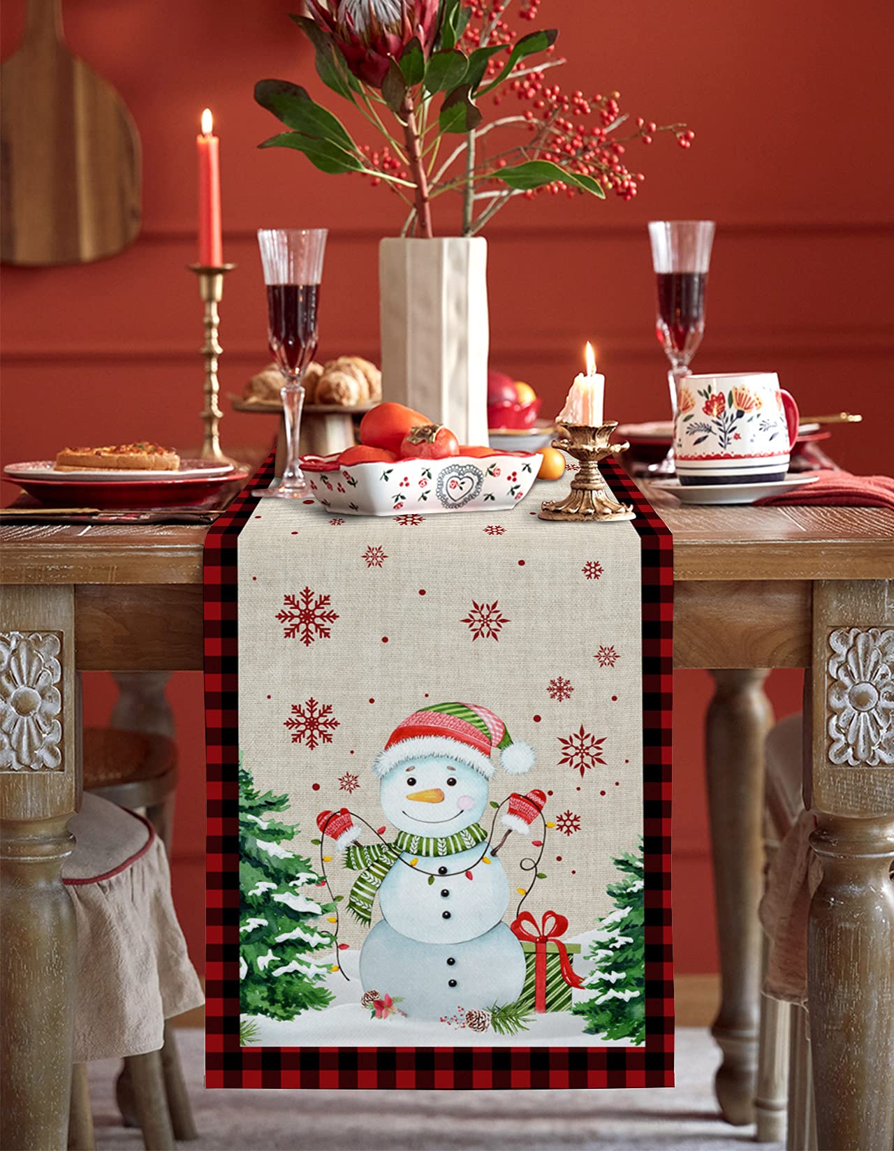 90 Inch Christmas Table Runner - Xmas Snowman Tree Snowflake Red Cotton Linen Kitchen Decor | Farmhouse Buffalo Plaid Check Burlap Tablecloth for Dining, Coffee, Party & Wedding | Perfect for Holiday Gatherings and Festive Home Decor