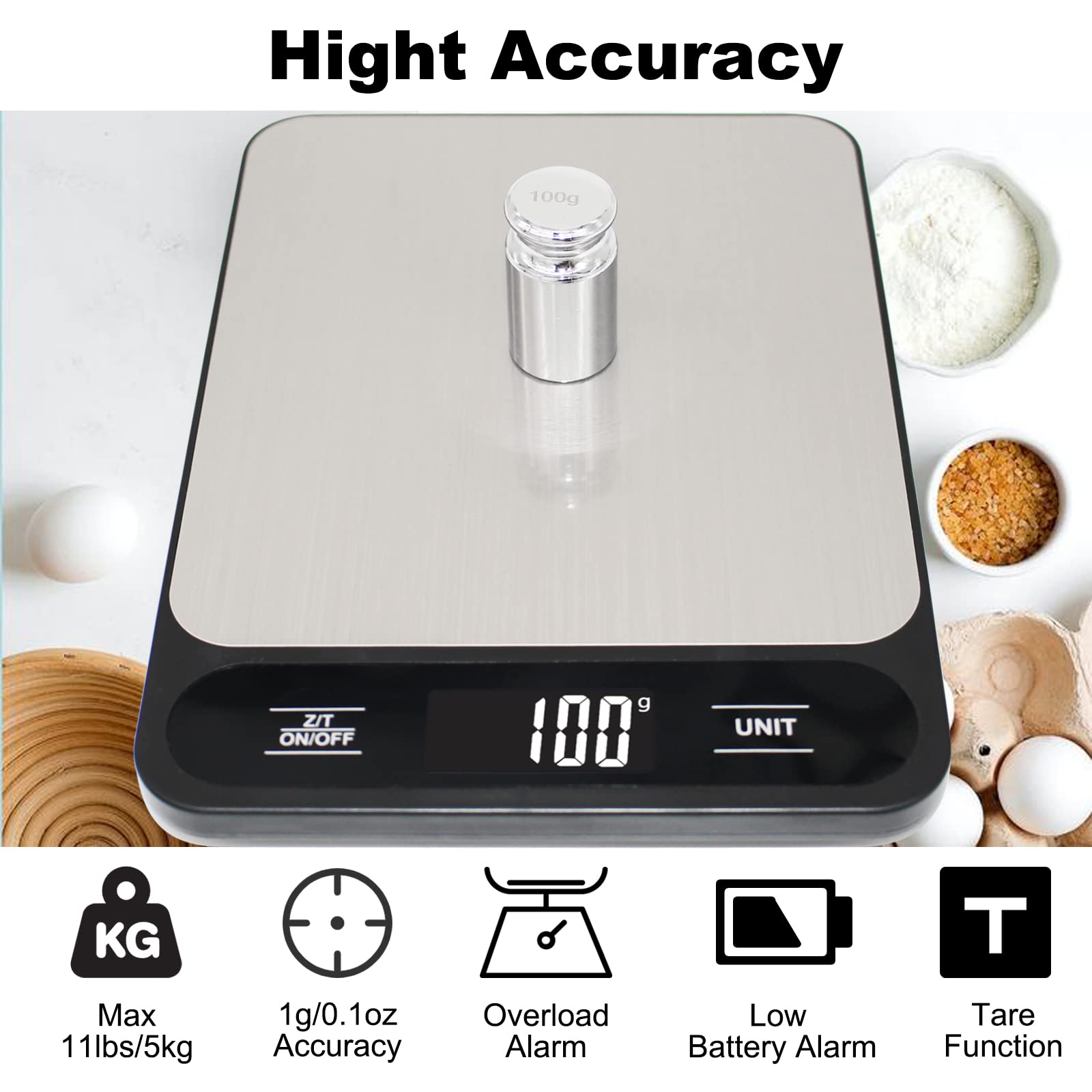 5kg/11lb Digital Kitchen Food Scale with Grams & Ounces - Precise Measuring for Baking, Cooking, and Weight Loss Tracking
