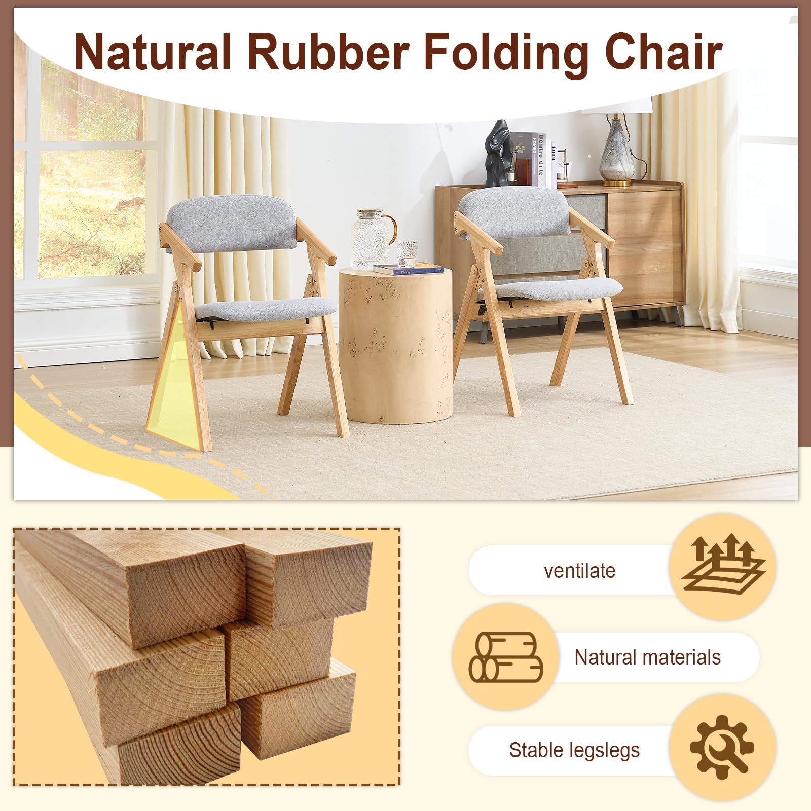 2 Pack Solid Wood Folding Dining Chairs with Linen Padded Seat - Space Saving Foldable Kitchen Chairs for Small Spaces, Dining Room, Living Room, Wedding & Outdoor Picnic (Light Grey) - Perfect for Home, Restaurant and Event Use