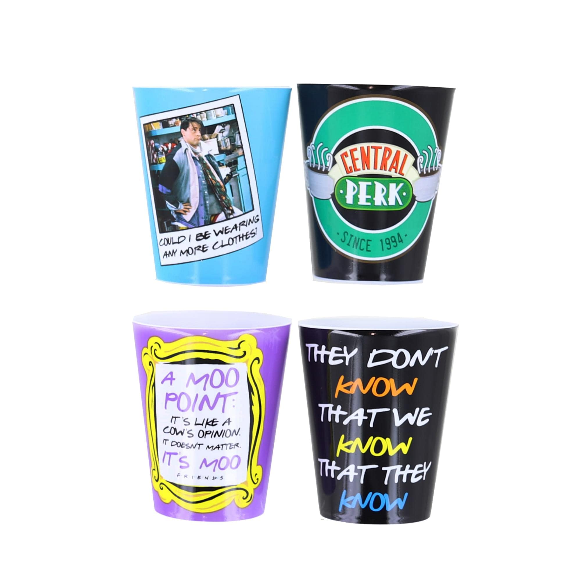 Friends Quotes 1.5-Ounce Plastic Mini Whiskey Shot Glass Cups Set of 4 - Perfect for Parties, Gifts & TV Show Themed Events