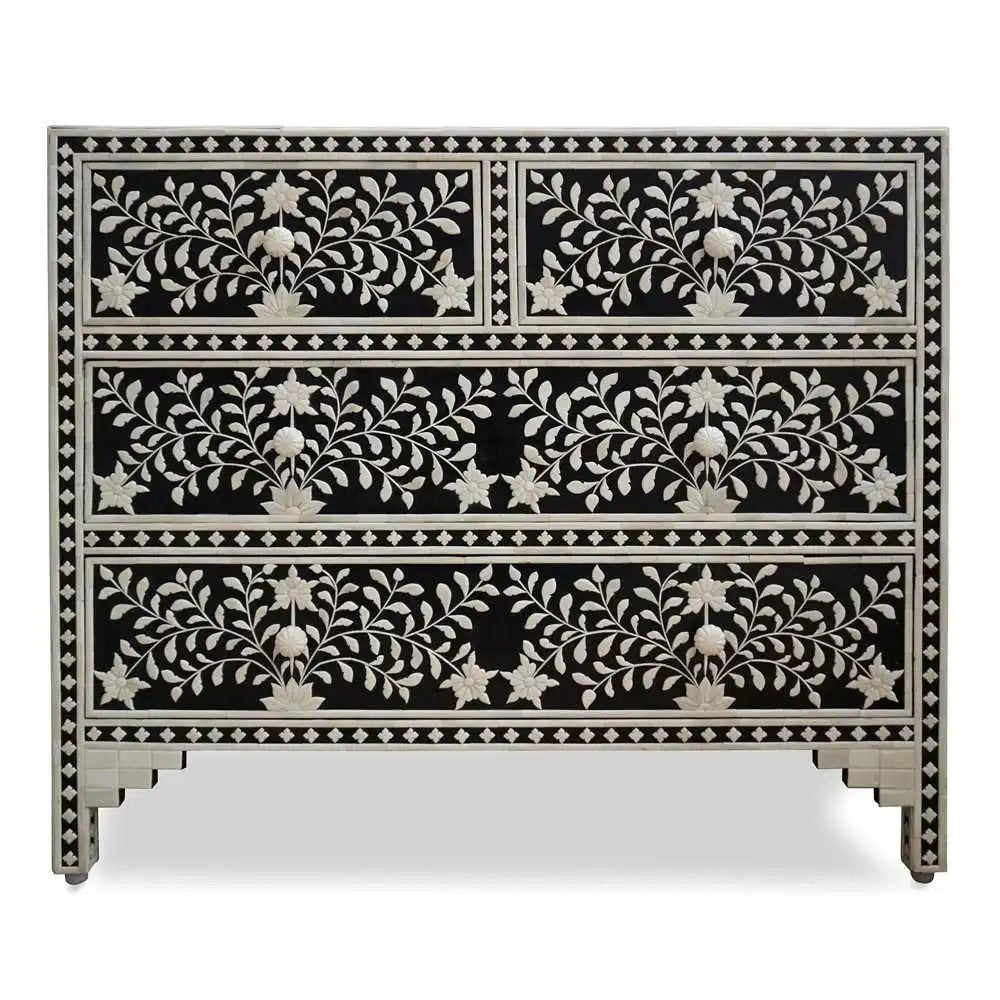 Handmade Bone Inlay Black Floral Dresser with 4 Drawers | Vintage Indian Furniture for Bedroom Storage & Home Decor