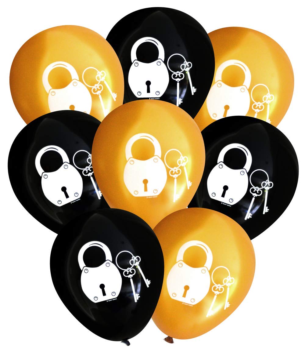 **Nerdy Words Padlock & Key Latex Balloons (16-Pack) – Black & Gold Pirate Escape Room Decorations – Perfect for Themed Parties, Birthday Decor, and Game Night Props**