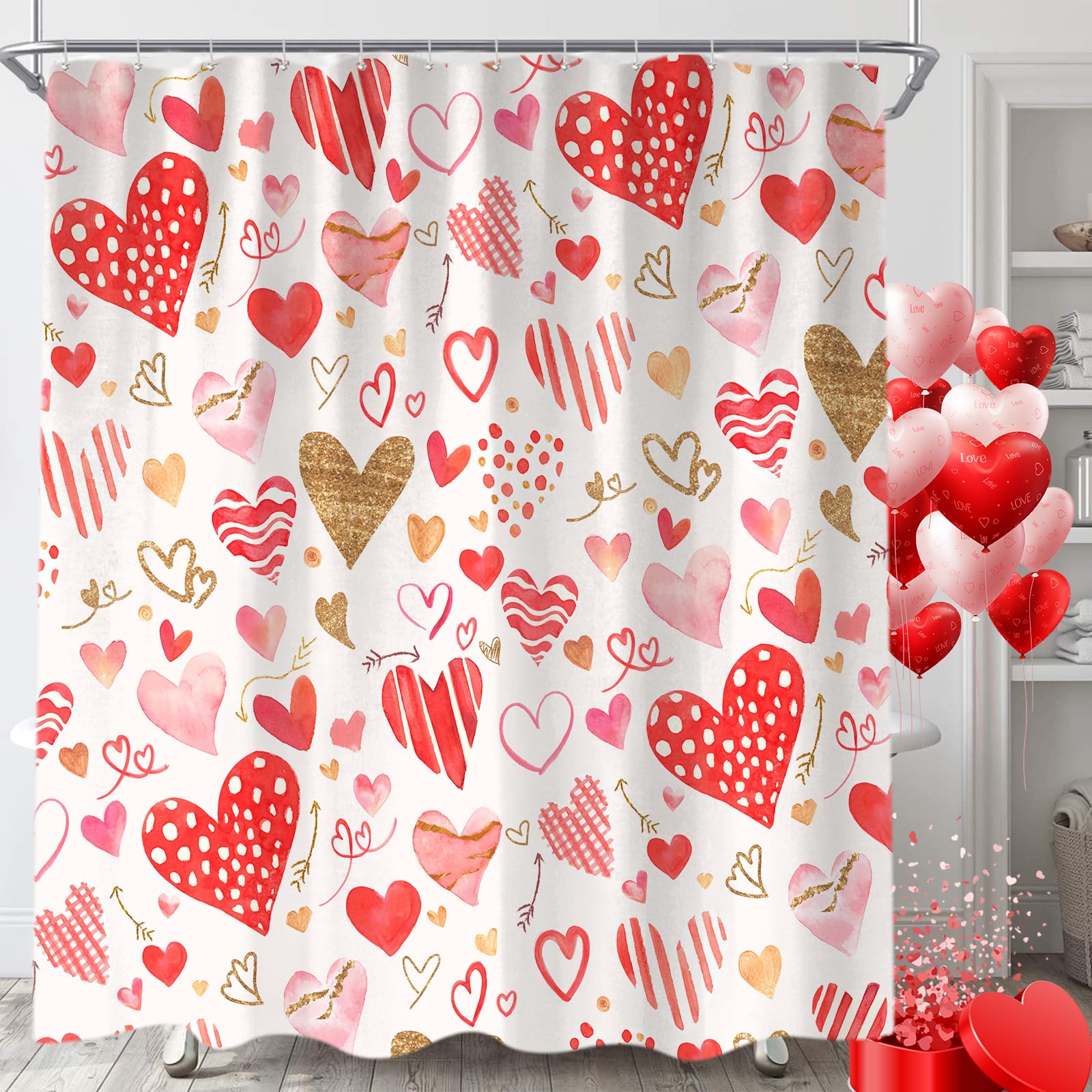 Valentine's Day Shower Curtain Set - 72x72 Inch Red Golden Pink Heart Design Bathroom Decor with Hooks | Romantic Love Theme Waterproof Fabric Shower Curtain for Couples Gift, Anniversary, Wedding, or Valentine's Day Bathroom Decoration