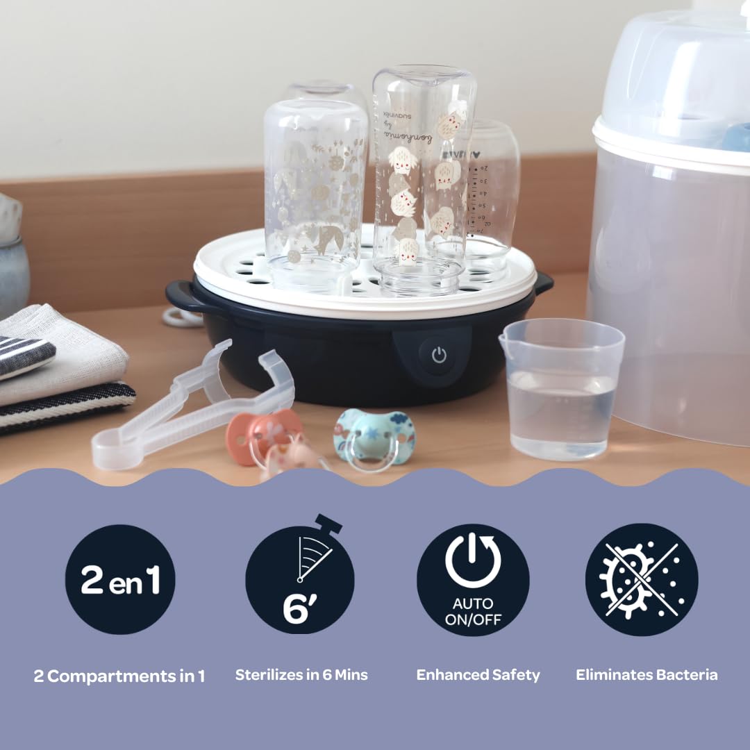 BEABA Steril' Express 2-in-1 Baby Bottle Sterilizer - Fast 6-Minute Steam Sterilization, Auto Shut Off, Safe for Bottles, Pacifiers & Breast Pump Parts - Perfect for Nursery, Travel & Midnight Feedings