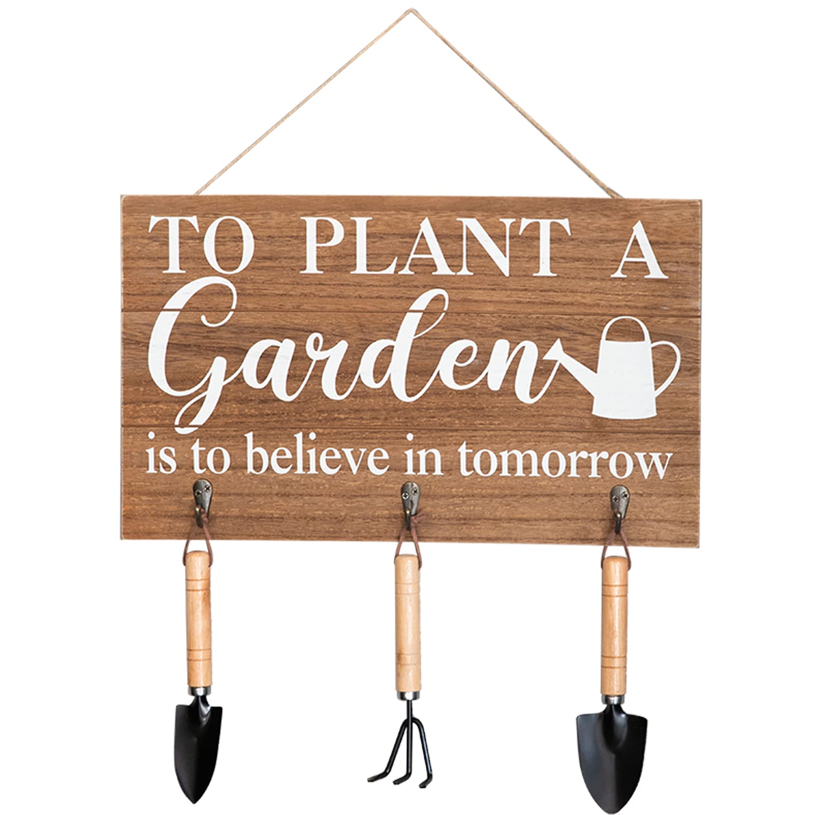 COLLECTIVE HOME - 3-Piece Garden Decor Set with Wood Hanging Signs & Tools, Outdoor Wall Art with Hooks (15.75
