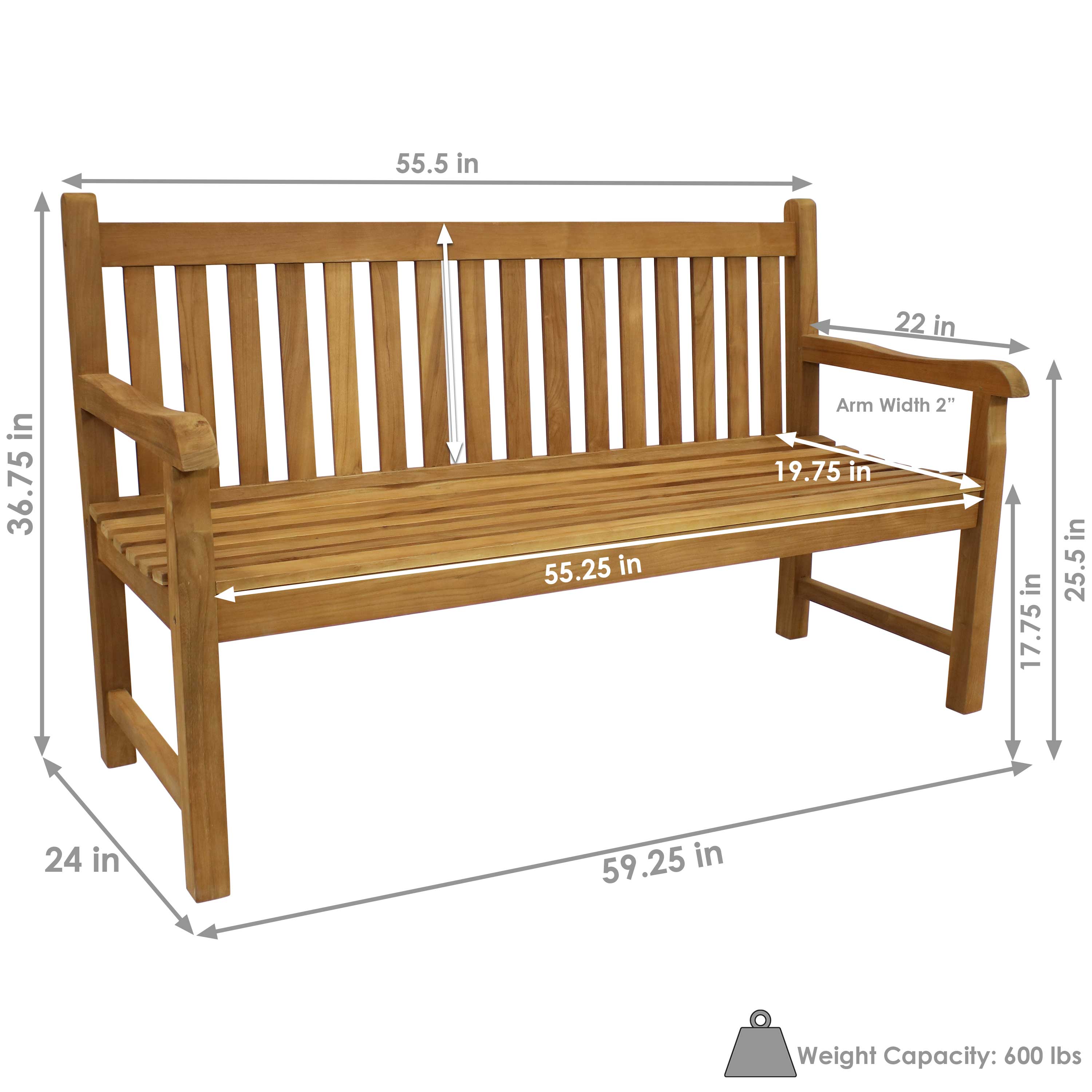 Sunnydaze Outdoor 2-Person Teak Wood Garden Bench - Durable Patio Furniture for Backyard, Porch & Garden Seating - Perfect for Relaxing Outdoors