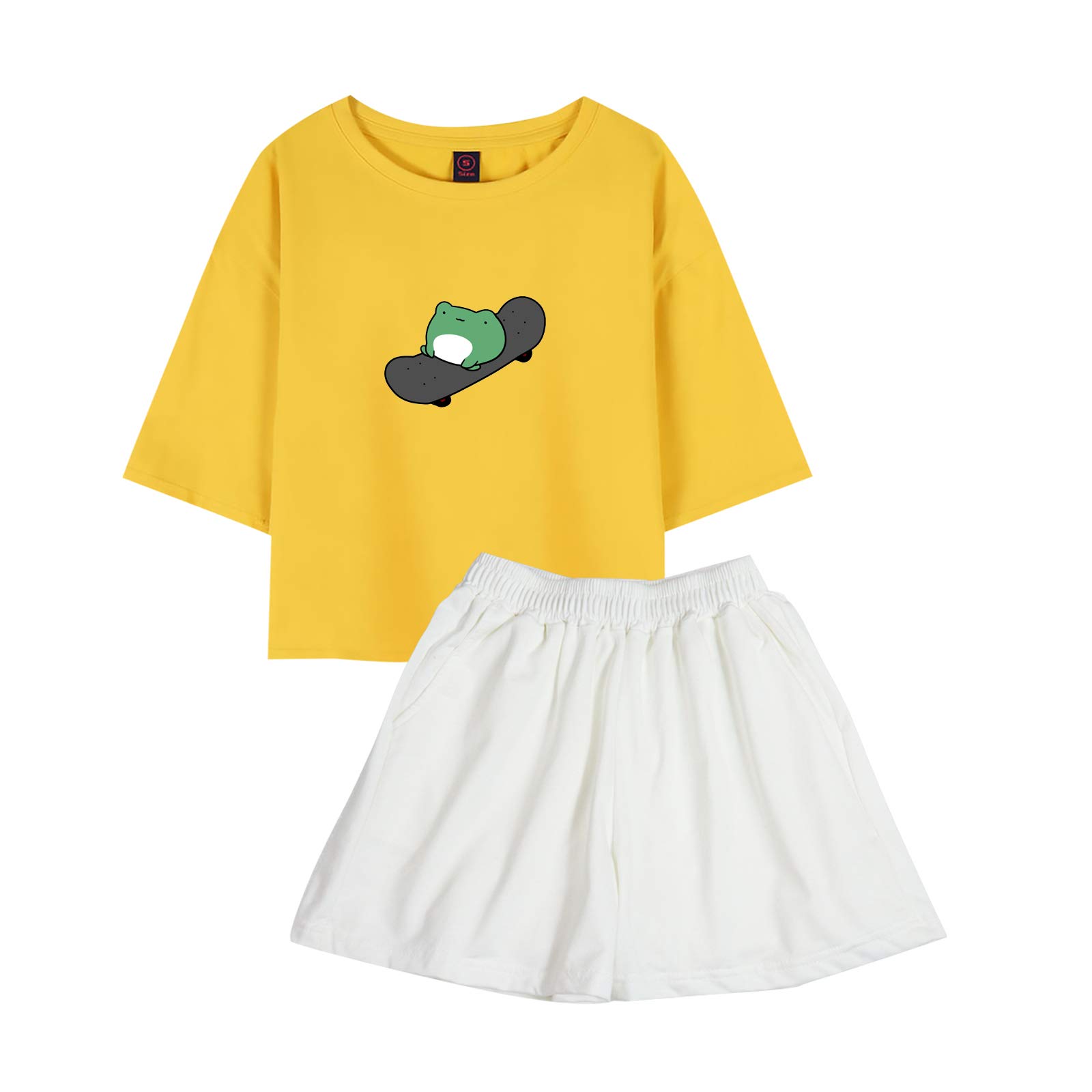 KEEVICI Women's Cute Frog Graphic Skateboarding Crop Top & Shorts Pajama Set - Soft Sleepwear for Lounge & Home Comfort