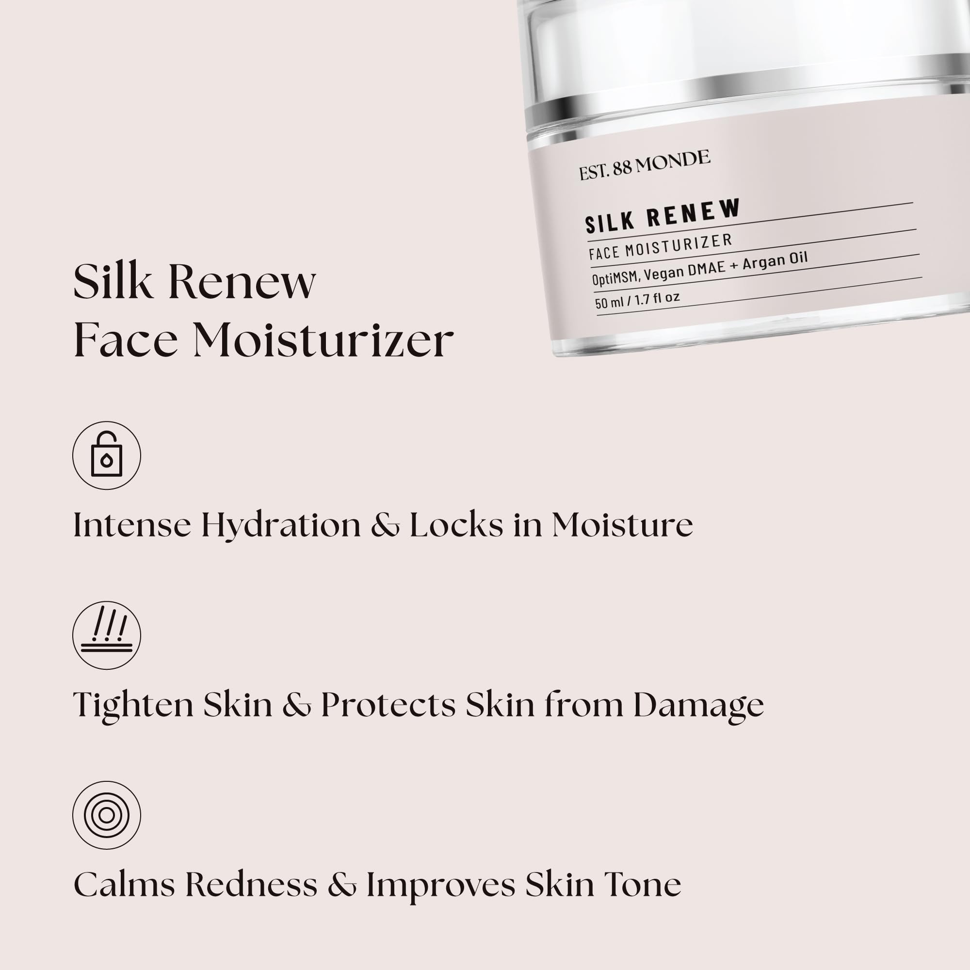 EST. 88 Monde Silk Renew Face Moisturizer 1.7 Fl. Oz, Silk Glow Face Serum 1.7 Fl. Oz & Silk Aura Eye Serum 0.5 Fl. Oz Skincare Bundle - Hydrating Anti-Aging Trio with Argan Oil, Hyaluronic Acid & Vegan Retinol for Dry, Sensitive & Mature Skin - Day & Night Routine Essentials