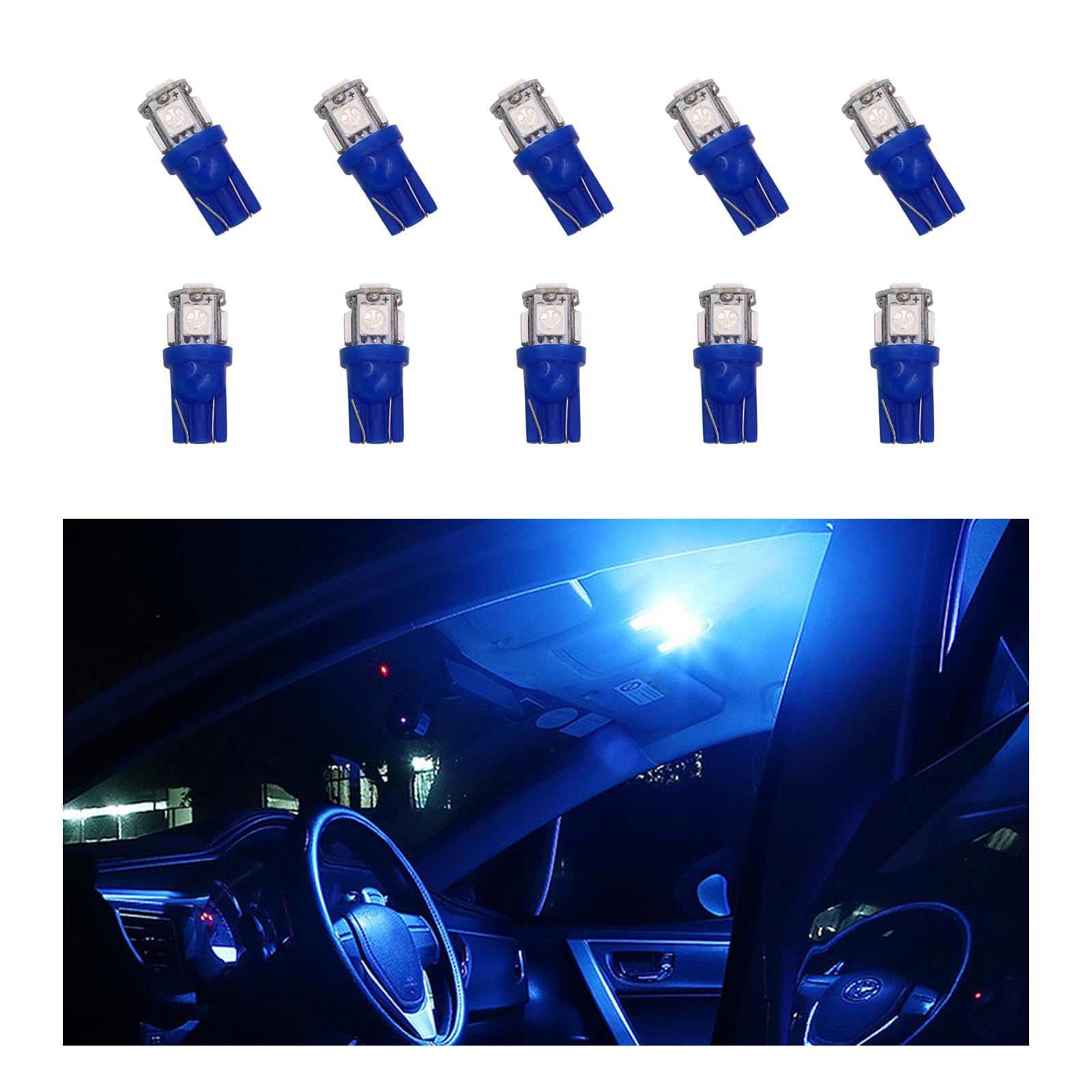 10 PCS T10 5050 5SMD LED Car Interior Light Bulbs - Super Bright Blue LED Replacement Bulbs for Dashboard, Dome, Map, Door, License Plate Lights | Perfect for Night Driving & Car Customization