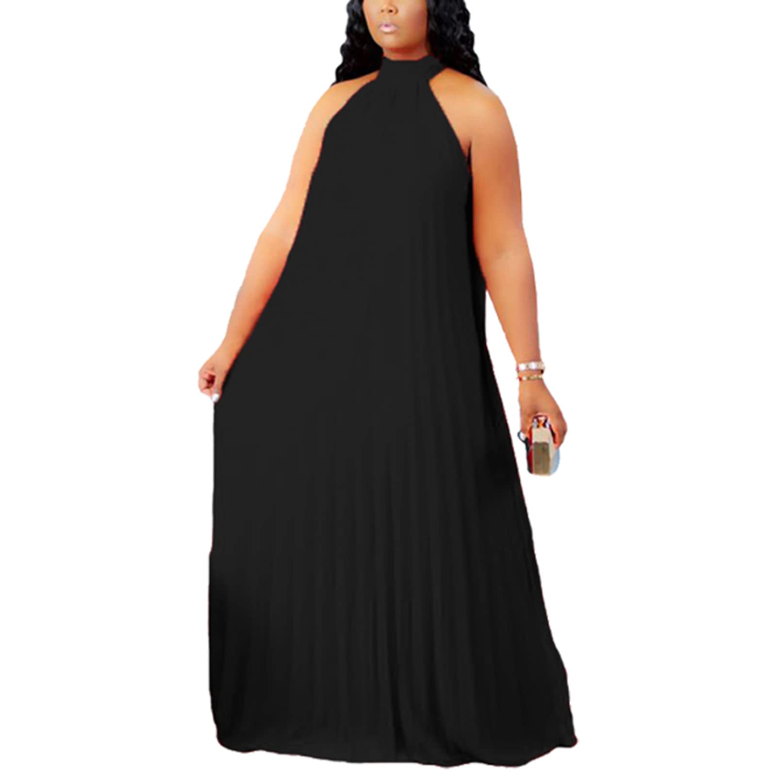 IyMoo Women's Sexy Plus Size Chiffon Dress - Sleeveless Pleated Long Boho Maxi Dress for Beach, Vacation & Summer Outfits | Flowy Elegant Party & Evening Wear