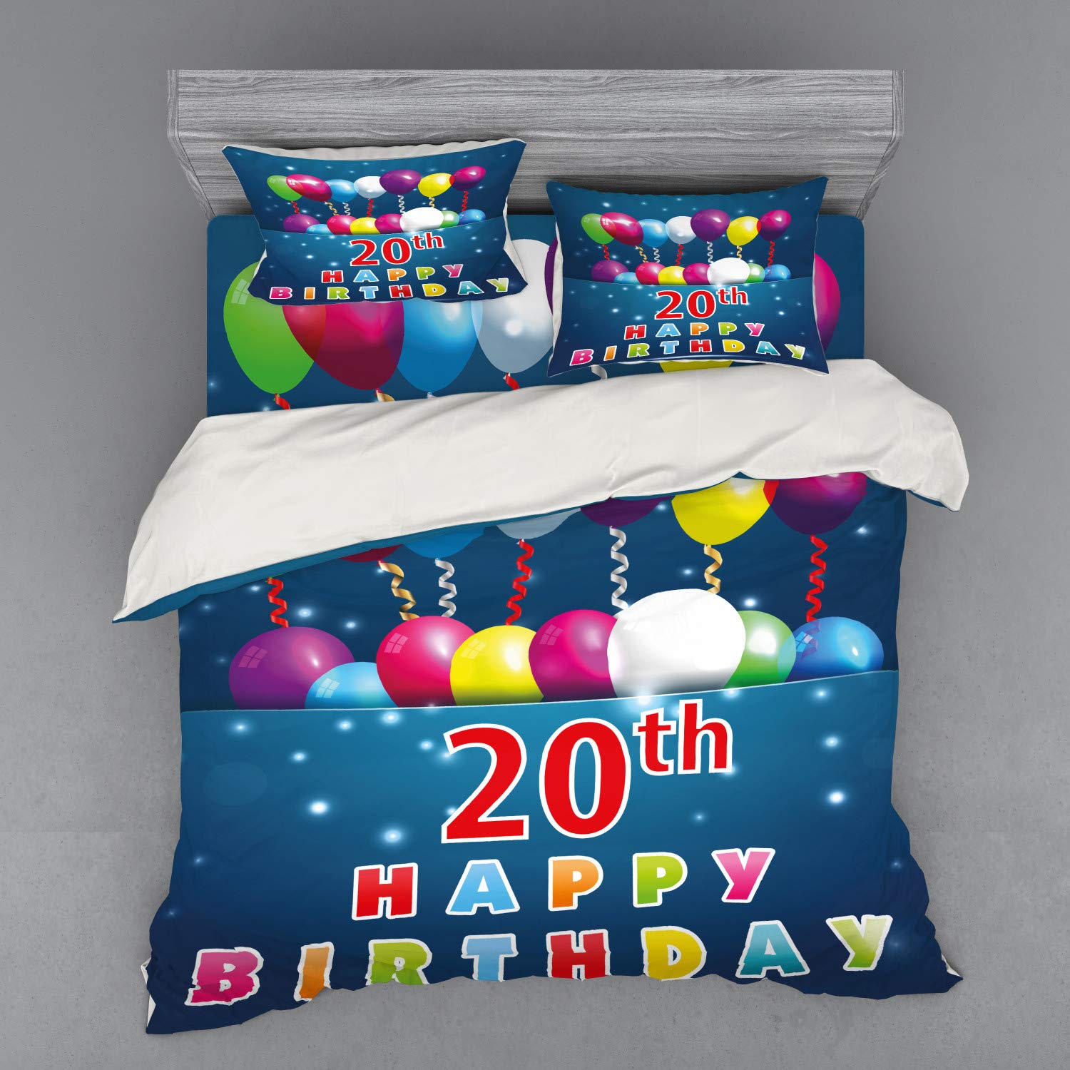 Ambesonne 20th Birthday Duvet Cover Set - King Size 4-Piece Bedding with Colorful Balloon Print on Blue Backdrop, Includes Shams & Fitted Sheet - Perfect for Birthday Party Decorations & Teen Bedroom Makeovers