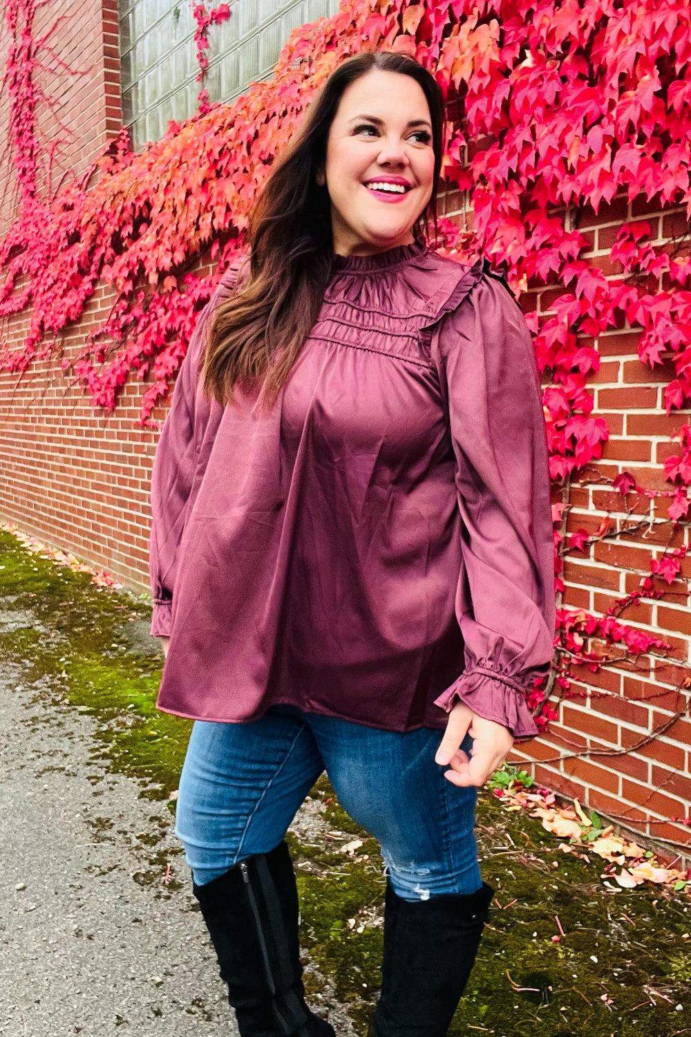 Stylish Wine Satin Shirred Yoke Frilled Mock Neck Top for Women | Elegant Blouse for Date Night, Parties & Special Occasions