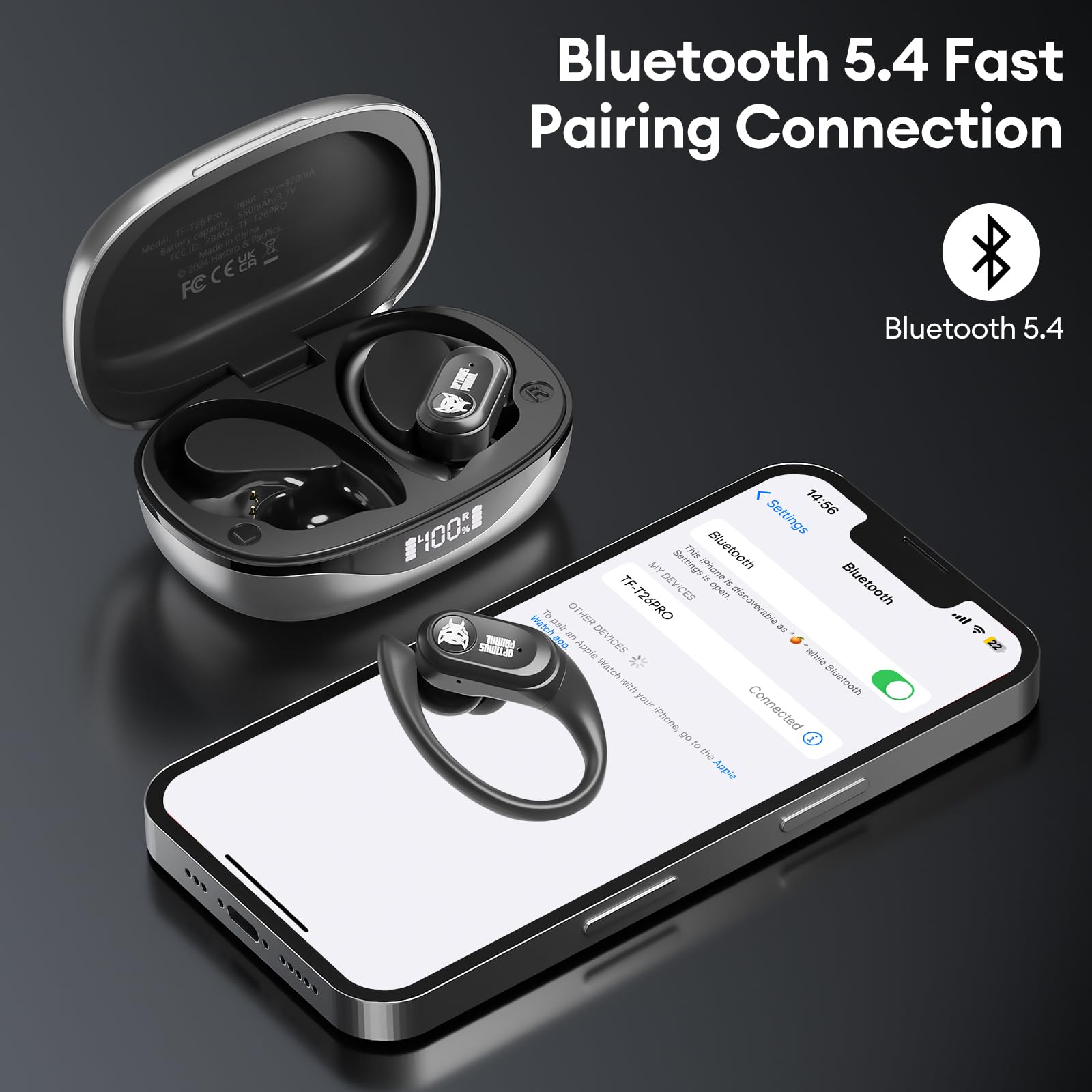TF-T26Pro Scourge Wireless Earbuds - Bluetooth 5.4 Headphones with 65H Playtime, Deep Bass & Power Display | IPX5 Waterproof for Running, Workout, Sports & Office Use