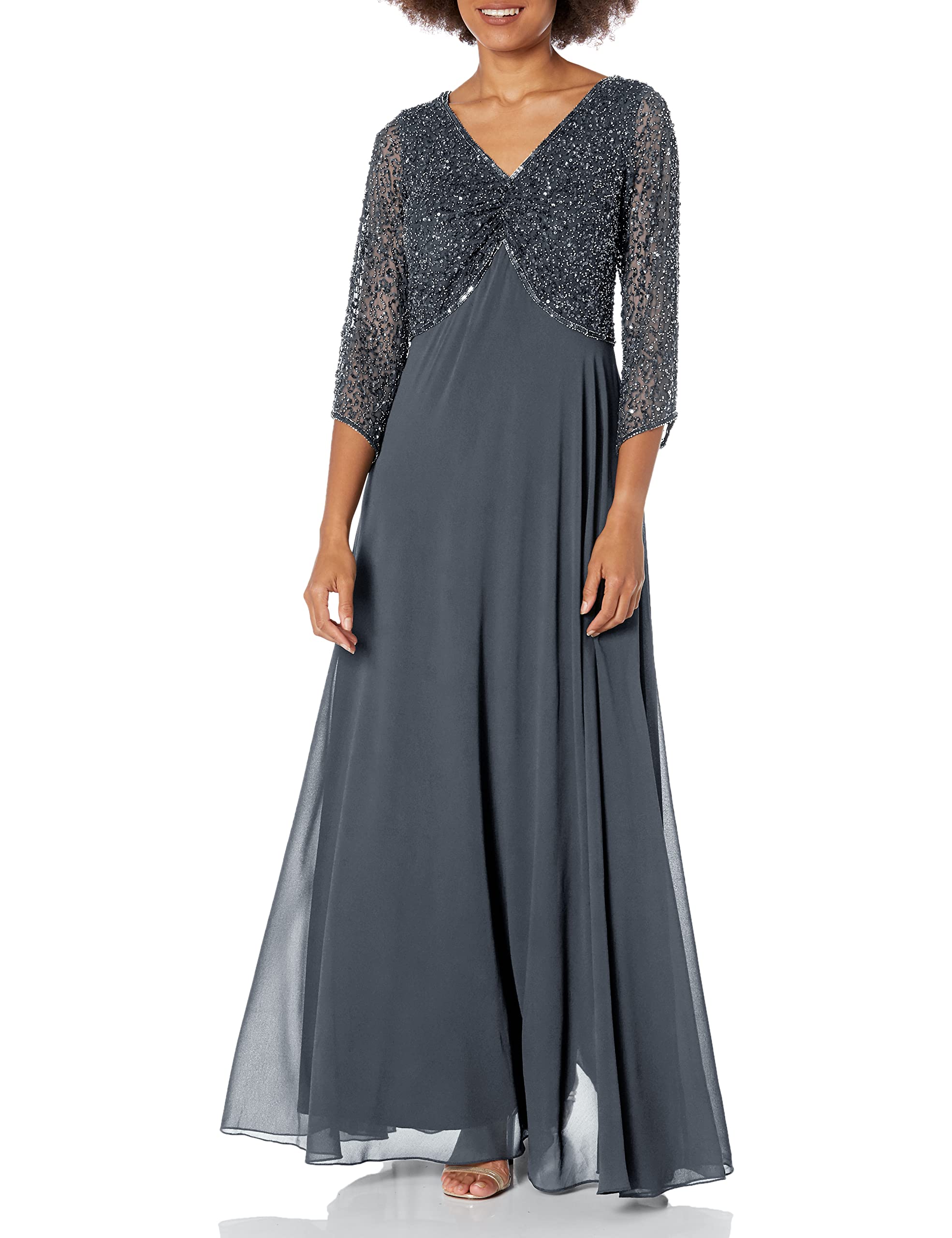 J Kara Women's Petite 3/4 Sleeve V-Neck Beaded Blouse Long Dress for Evening Party, Wedding Guest, Formal Occasions