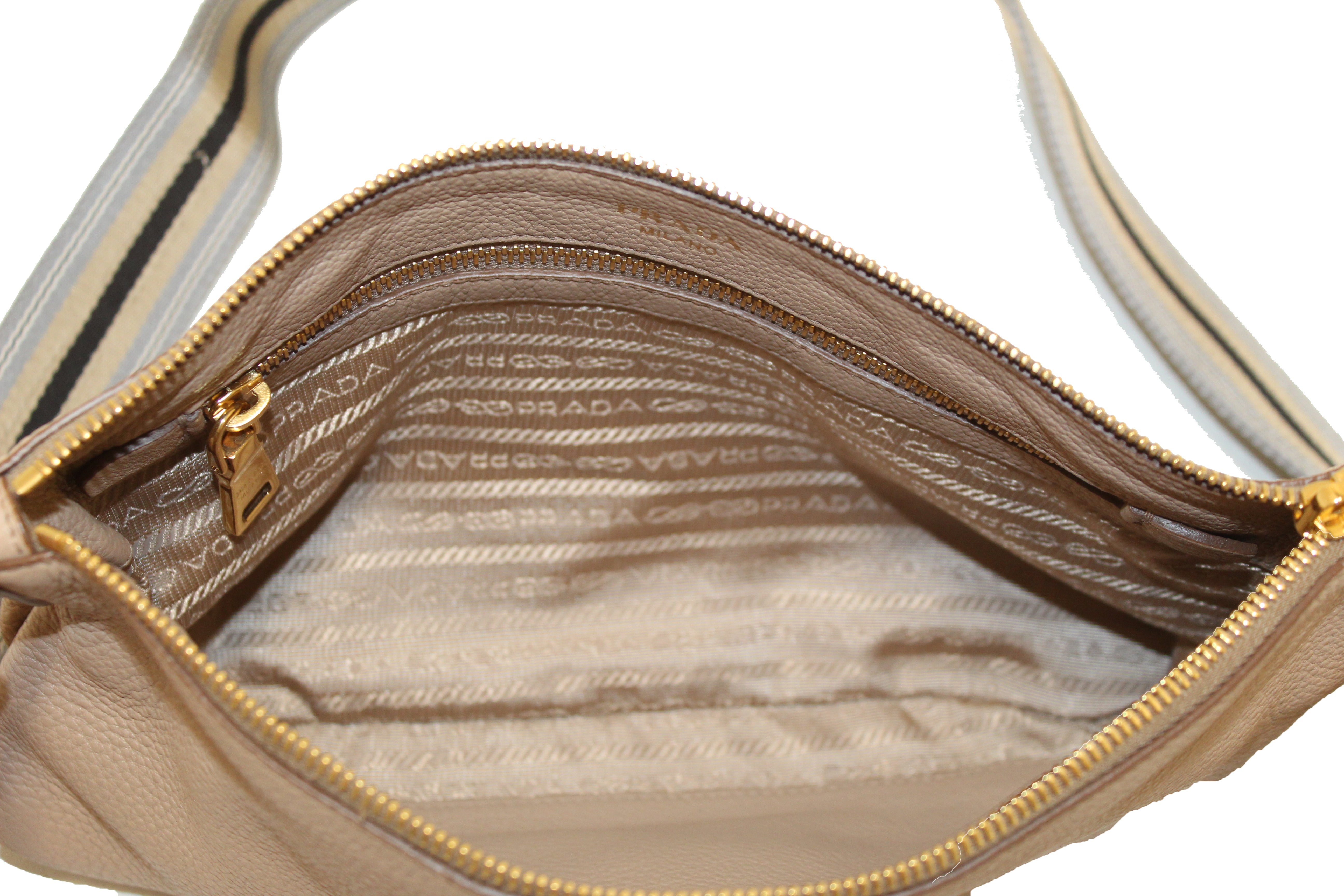 Authentic Prada Cameo Beige Calfskin Leather Double Shoulder Bag for Women | Luxury Designer Handbag for Work, Travel & Everyday Use