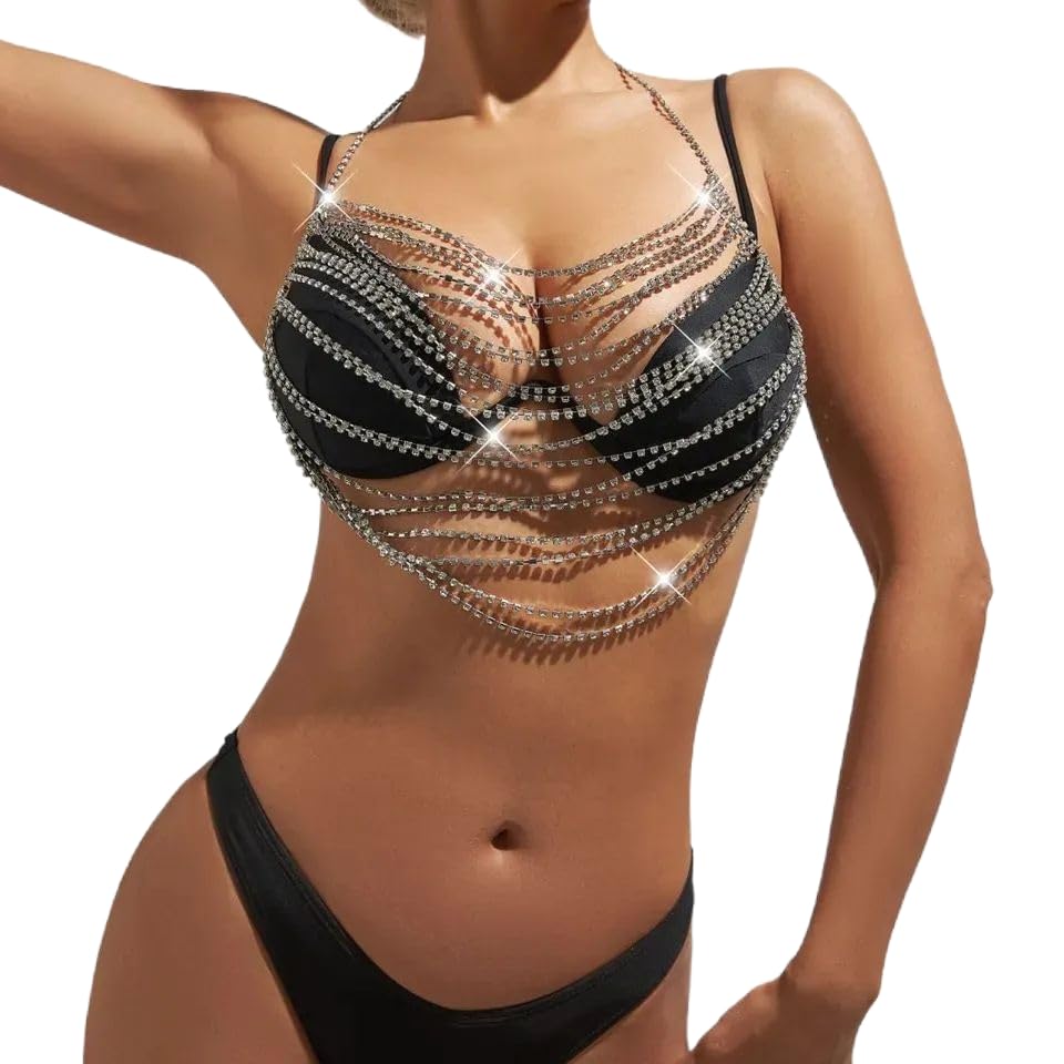 Boho Silver Rhinestone Bikini Bra - Sexy Backless Body Chain Halter with Sequins for Women | Beach Party, Music Festival & Summer Vacation Accessories