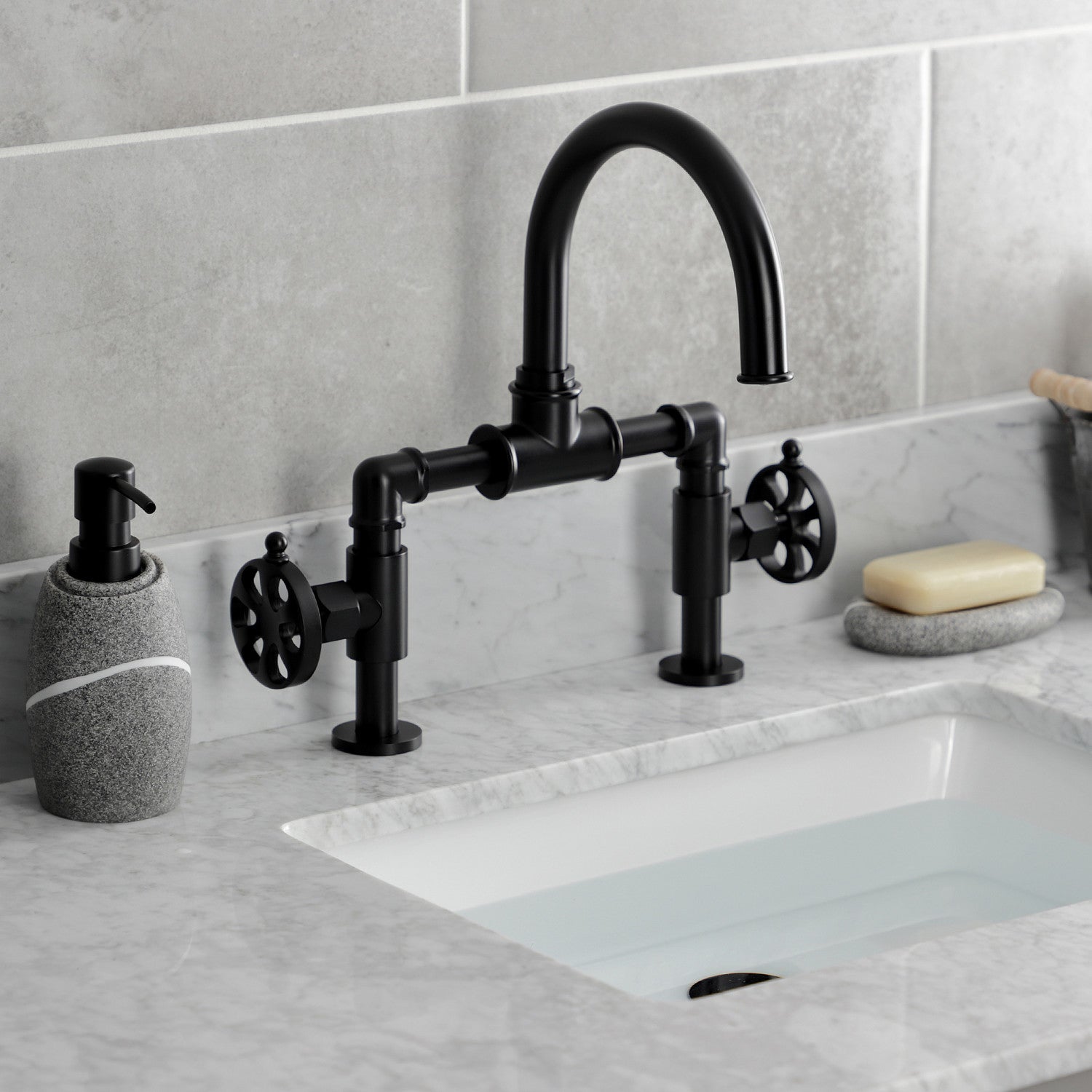 Belknap KS2170RX Matte Black 2-Handle Deck Mount Bathroom Faucet with Push Pop-Up Drain - Modern Waterfall Spout for Vanity Sink, Powder Room & Guest Bath Installation