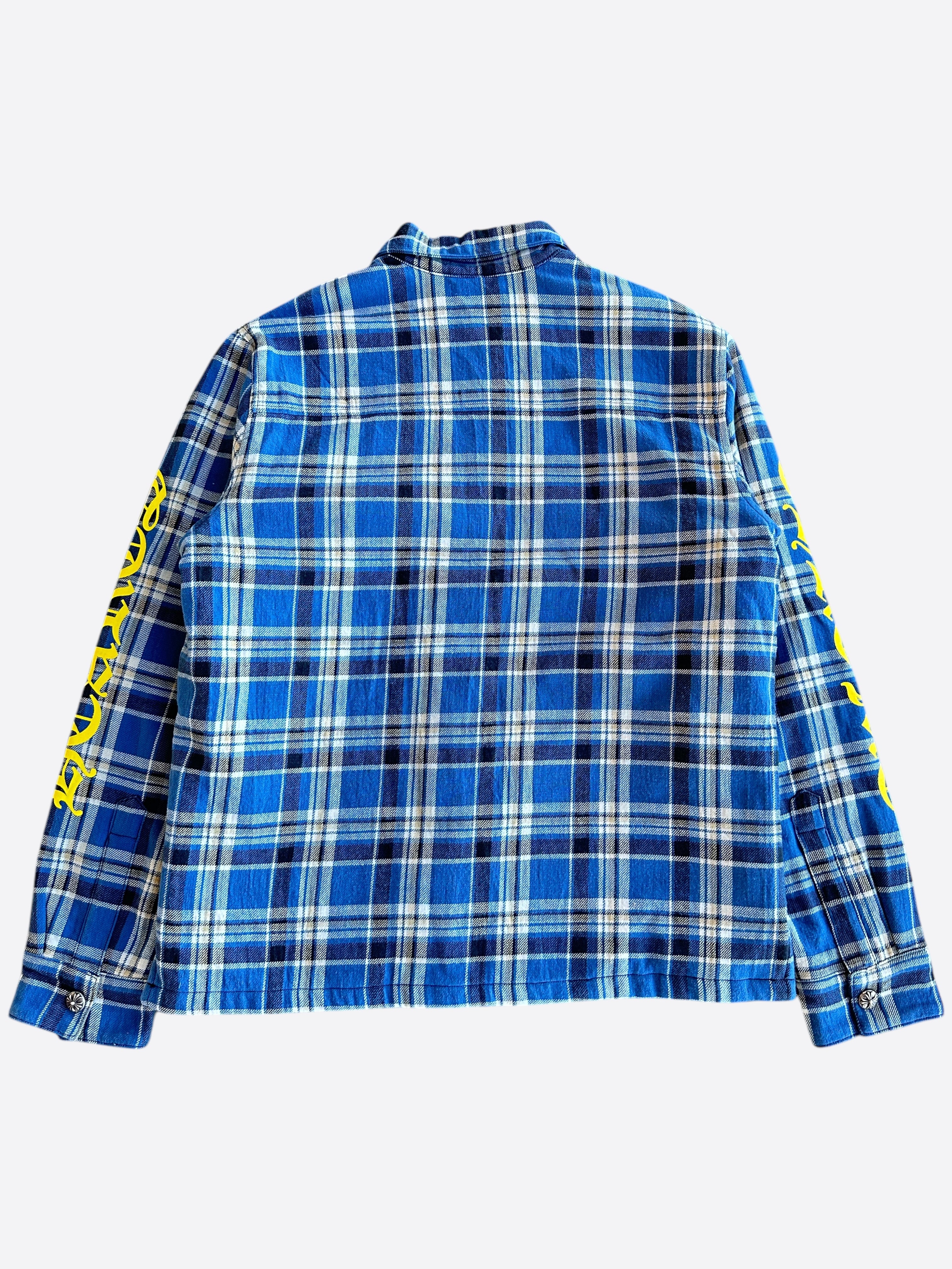 Chrome Hearts Blue & Yellow Script Padded Flannel Jacket for Men - Stylish Winter Outerwear for Casual Wear & Street Fashion