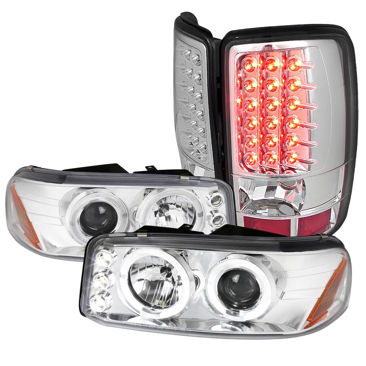 Spec-D Tuning Chrome LED Halo Projector Headlights with LED Bumper Fog Lamps - Compatible with GMC Yukon Denali (Left & Right Pair) | Durable Headlamp Assembly for Enhanced Night Driving & Off-Road Visibility