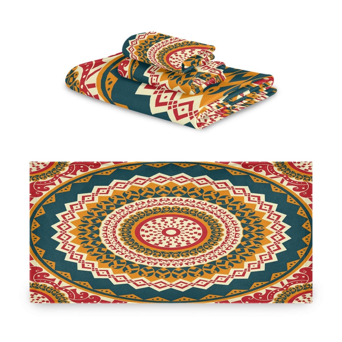 Ethnic Tribal Mandala Print Towel Set - Ultra Soft Bath, Hand & Washcloth Towels (3-Piece) for Bathroom, Hotel, Spa & Yoga Studio Decor
