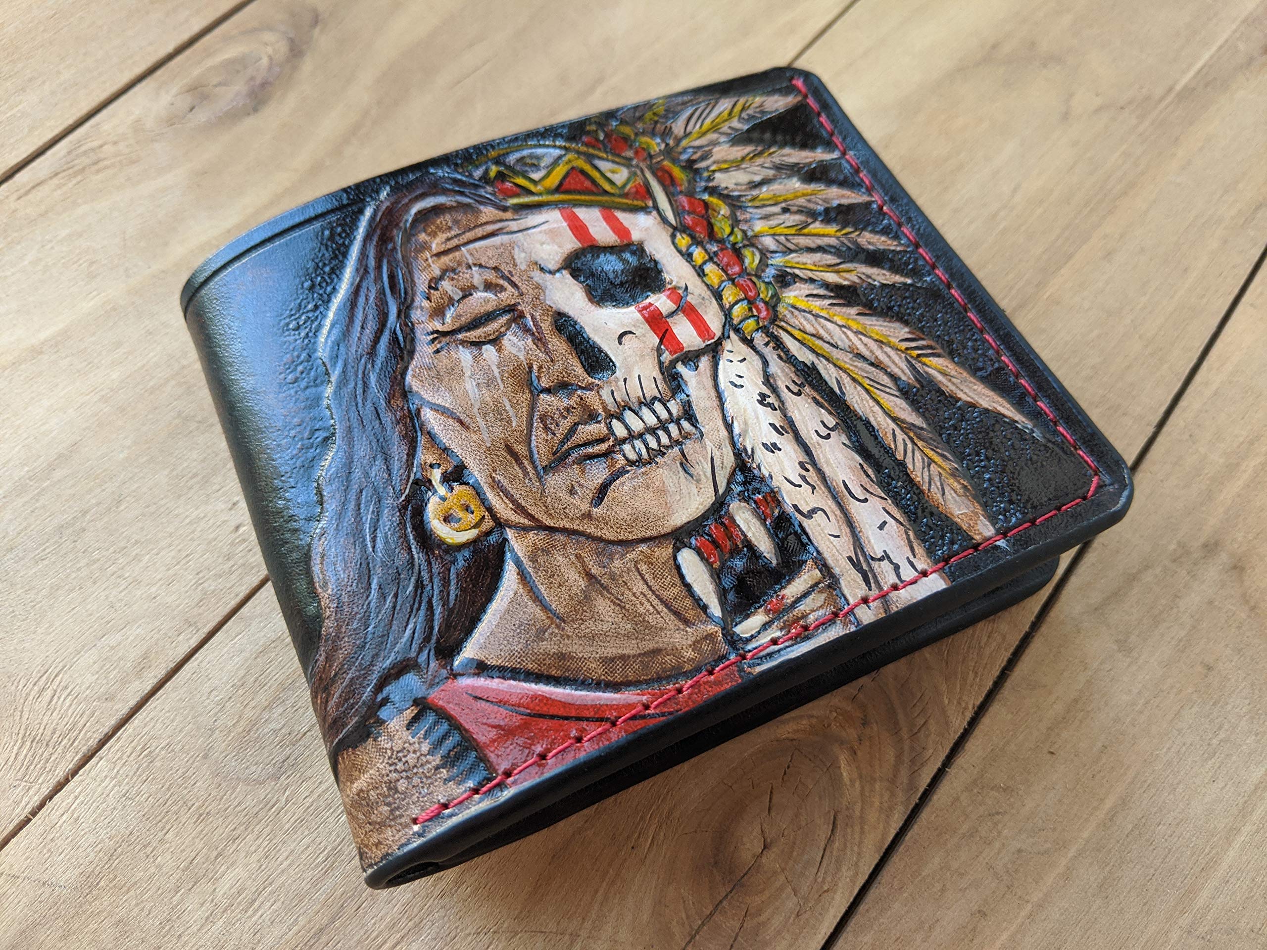 Authentic 3D Genuine Leather Bifold Wallet with Indian Chief Skull & Native American Apache Headdress Design - Handmade Carved Patriotic Men's Wallet for Everyday Use & Gift Giving