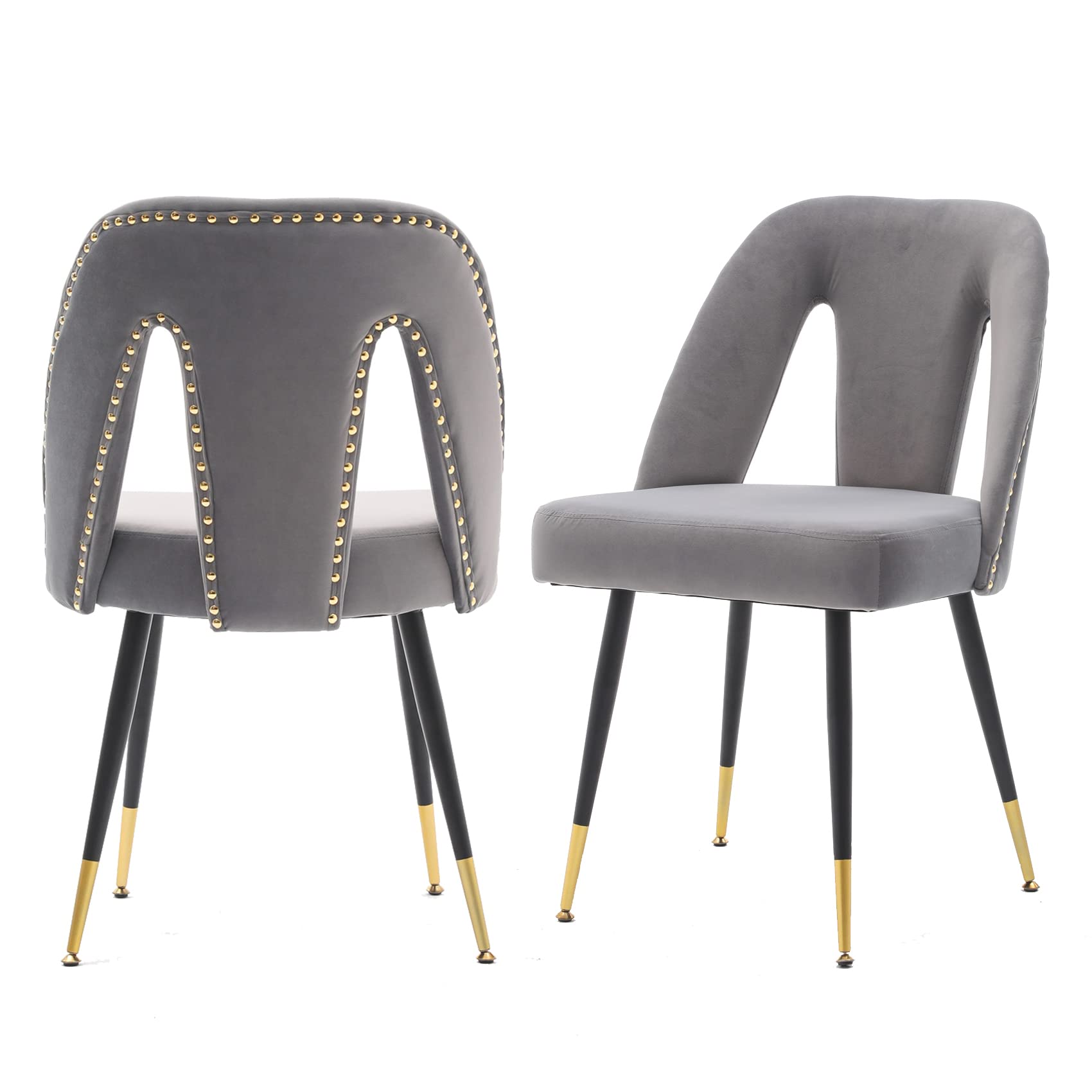Aoowow Modern Velvet Dining Chairs Set of 2 - Upholstered Side Chairs with Nailhead Trim & Gold-Tipped Black Metal Legs (Grey) - Perfect for Kitchen, Dining Room, and Home Office Decor