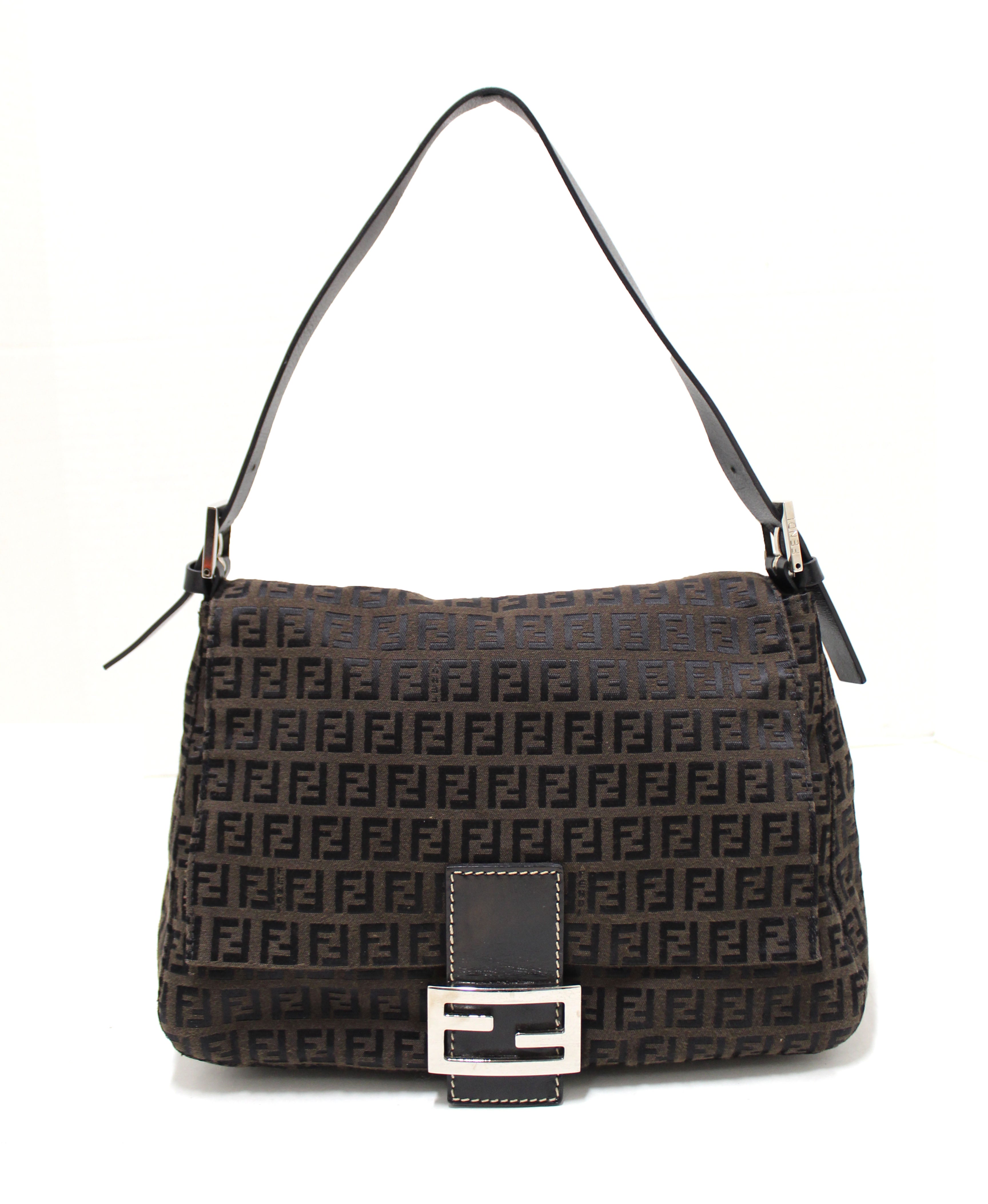 Authentic Fendi Brown Mini Zucca FF Canvas Mama Baguette Shoulder Bag for Women | Luxury Designer Crossbody Purse | Perfect for Date Night, Parties & Special Occasions