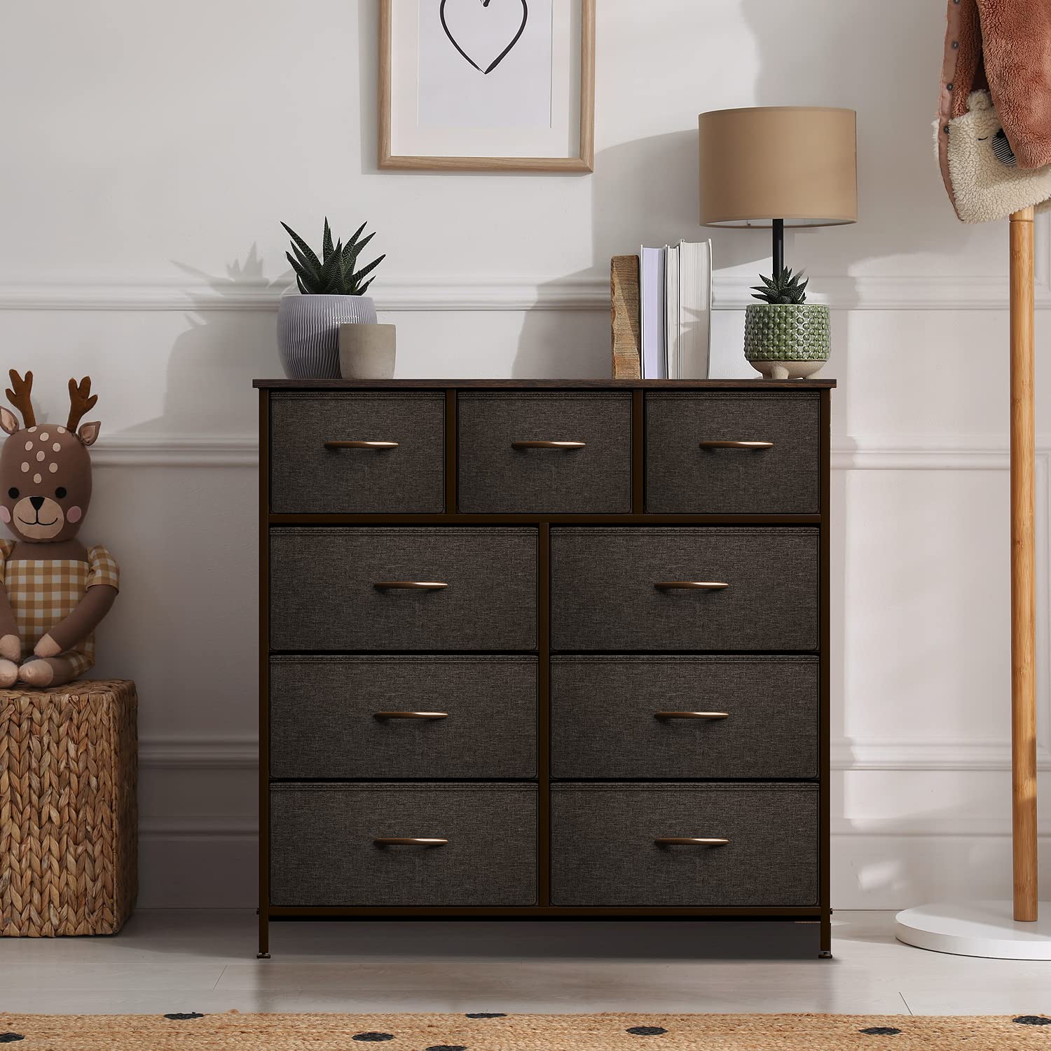 Sorbus 9-Drawer Dresser - Wood Top Storage Chest Tower with Steel Frame & Easy Pull Fabric Bins for Bedroom, Hallway, Closet & Office Organization (Brown) | Perfect for Small Space Storage & Home Decor