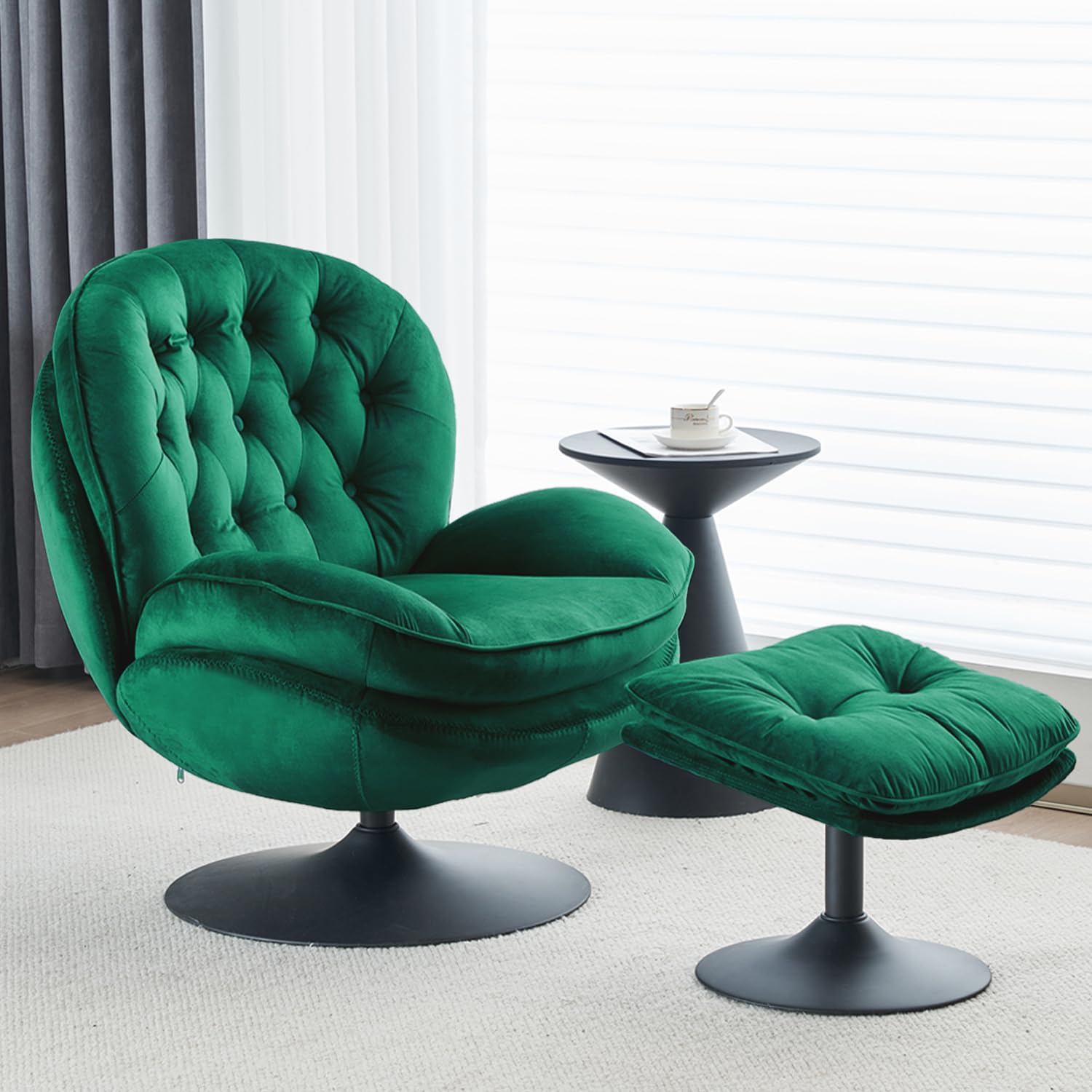Velvet Swivel Accent Chair with Ottoman Set - Modern Tufted Armchair with Footrest for Living Room & Bedroom - 360 Degree Swiveling Lounge Chair for Adults - Comfortable Reading & TV Watching Chair - Green Velvet Upholstery - Perfect for Relaxing, Entertaining & Small Space Decor