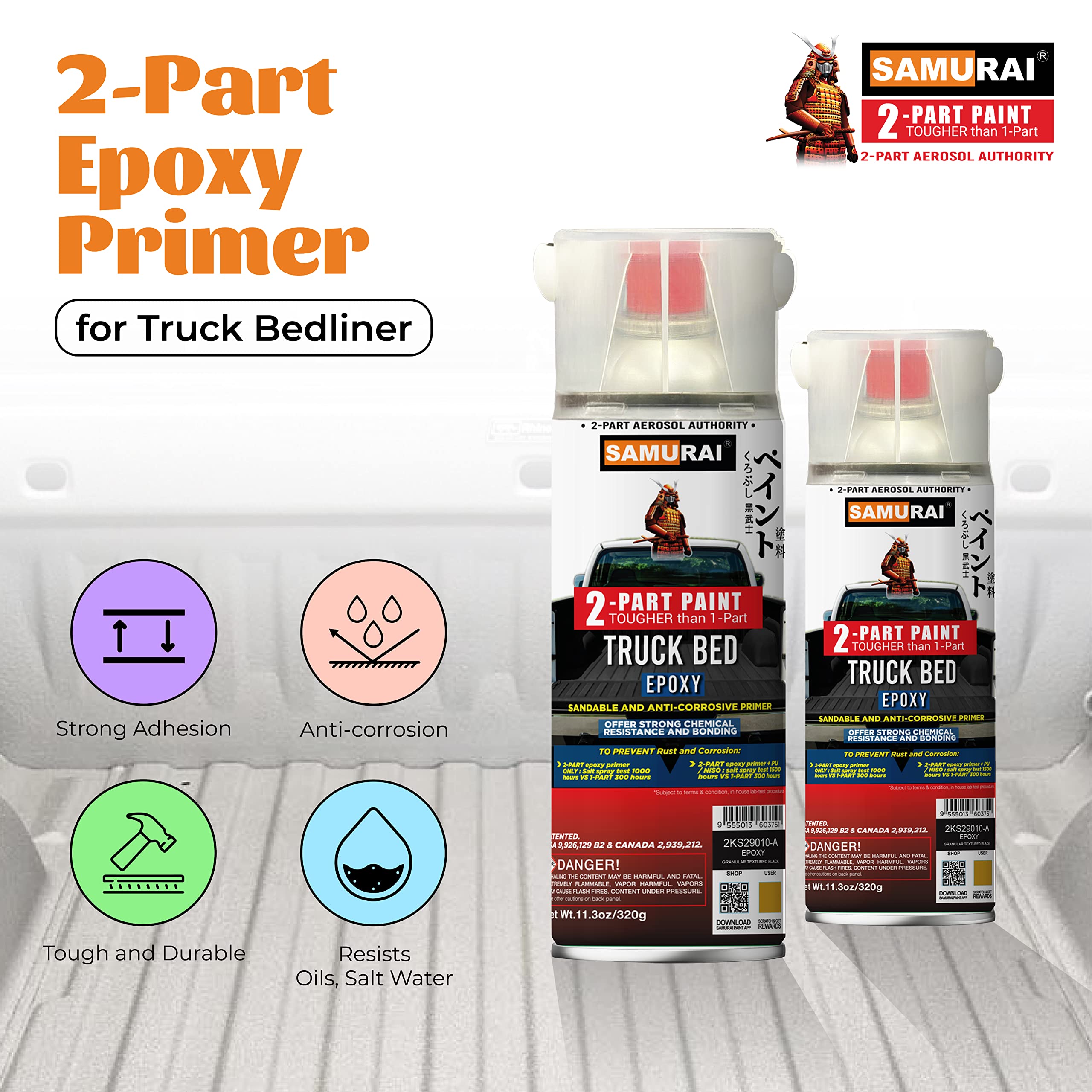 Samurai Epoxy Primer Spray Paint for Truck Bed Liner - Professional Granular Textured Primer (Black, 6-Pack) | Durable Protection for Car & Truck Beds, Metal Surfaces & DIY Auto Repairs | Ideal for Rust Prevention, Scratch Repair & Surface Coating