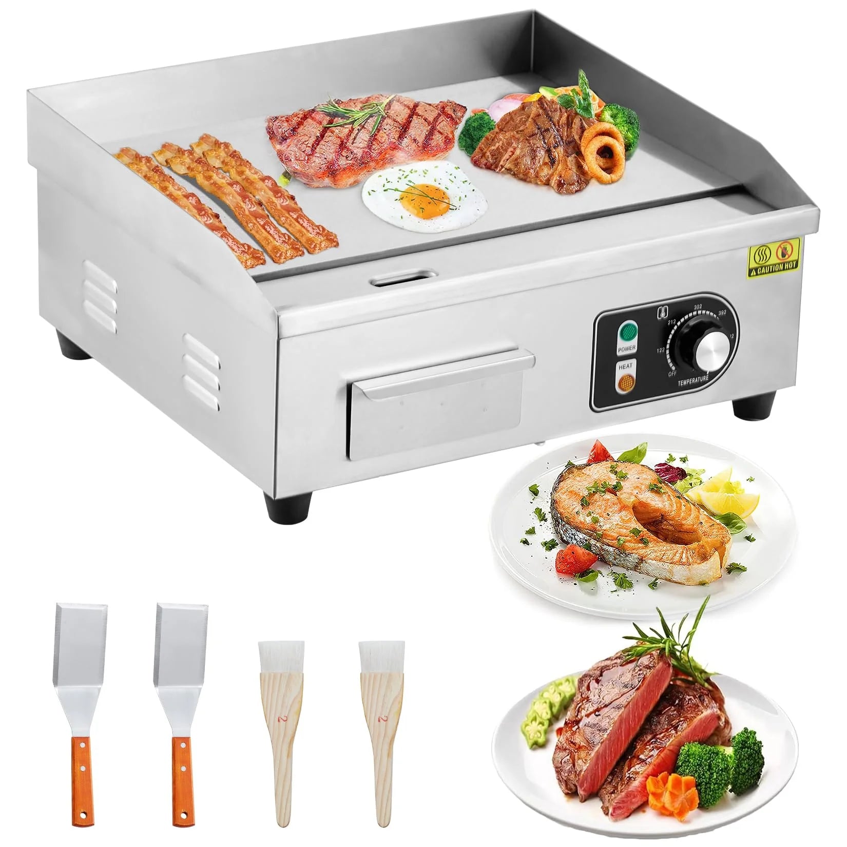GARVEE 14 Inch Commercial Electric Grill - 1500W Stainless Steel Griddle with Adjustable Temperature (122°F-572°F) - Non-Stick Surface for Home Kitchen & Restaurant Use - Perfect for Indoor BBQ, Pancakes & Burgers (Plug Not Included)