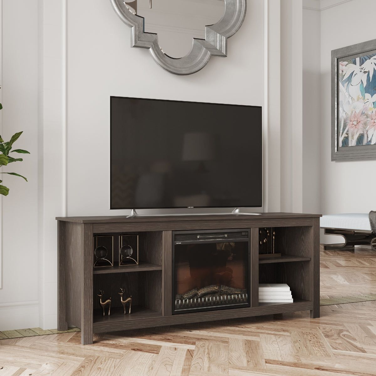 Brenna 64 Inch TV Stand with Electric Fireplace - Remote Control & Timer for Living Room, Bedroom, Home Theater Entertainment Center