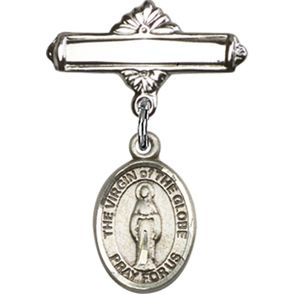 1 X 5/8 Inch Sterling Silver Baby Badge with Virgin of The Globe Charm - Elegant Polished Pin for Christening, Baptism & First Communion Gifts