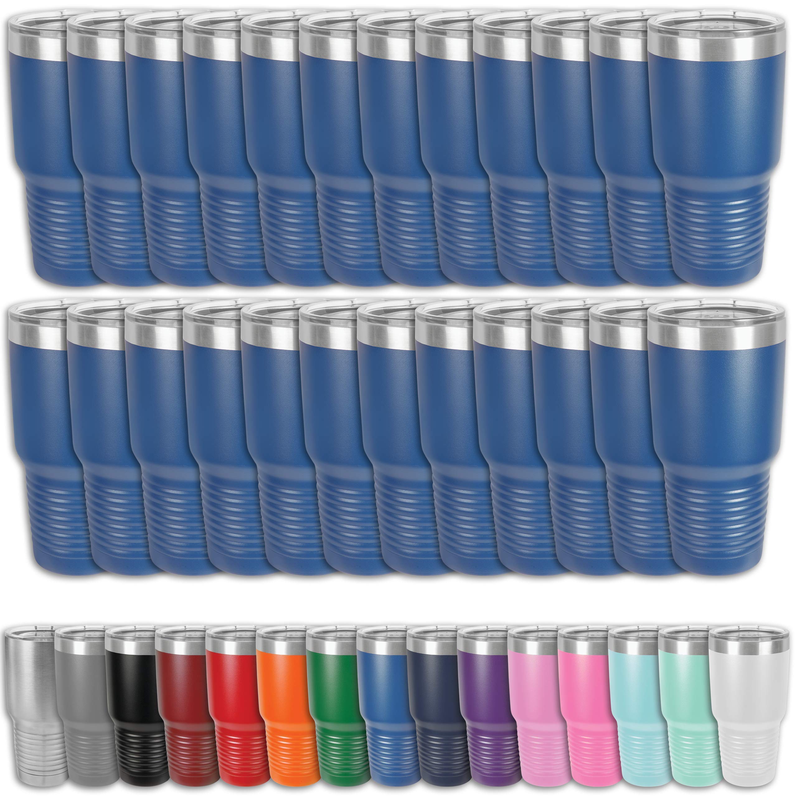 24-Pack Clear Water Home Goods 30 oz Stainless Steel Tumblers - 18/8 Double Wall Vacuum Insulated Travel Mug & Water Bottle with Clear Lid & Powder Coated Finish (Blue) - Perfect for Office, Gym, Camping & Outdoor Activities