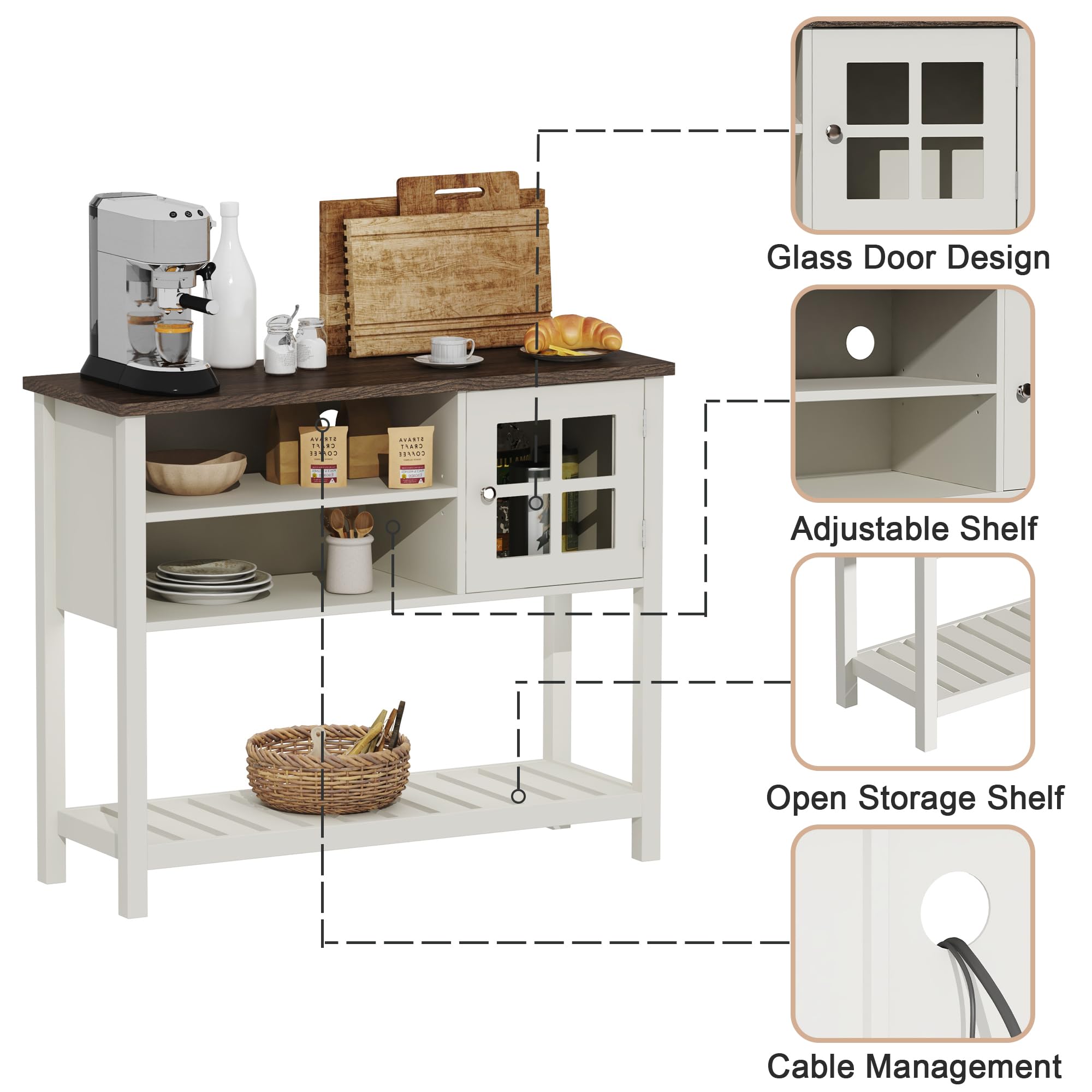 ChooChoo Farmhouse Coffee Bar Cabinet with Storage - White Sideboard Buffet with Glass Doors, Kitchen Console Table for Hallway & Entryway | Perfect for Coffee Station, Dining Room Storage & Farmhouse Decor