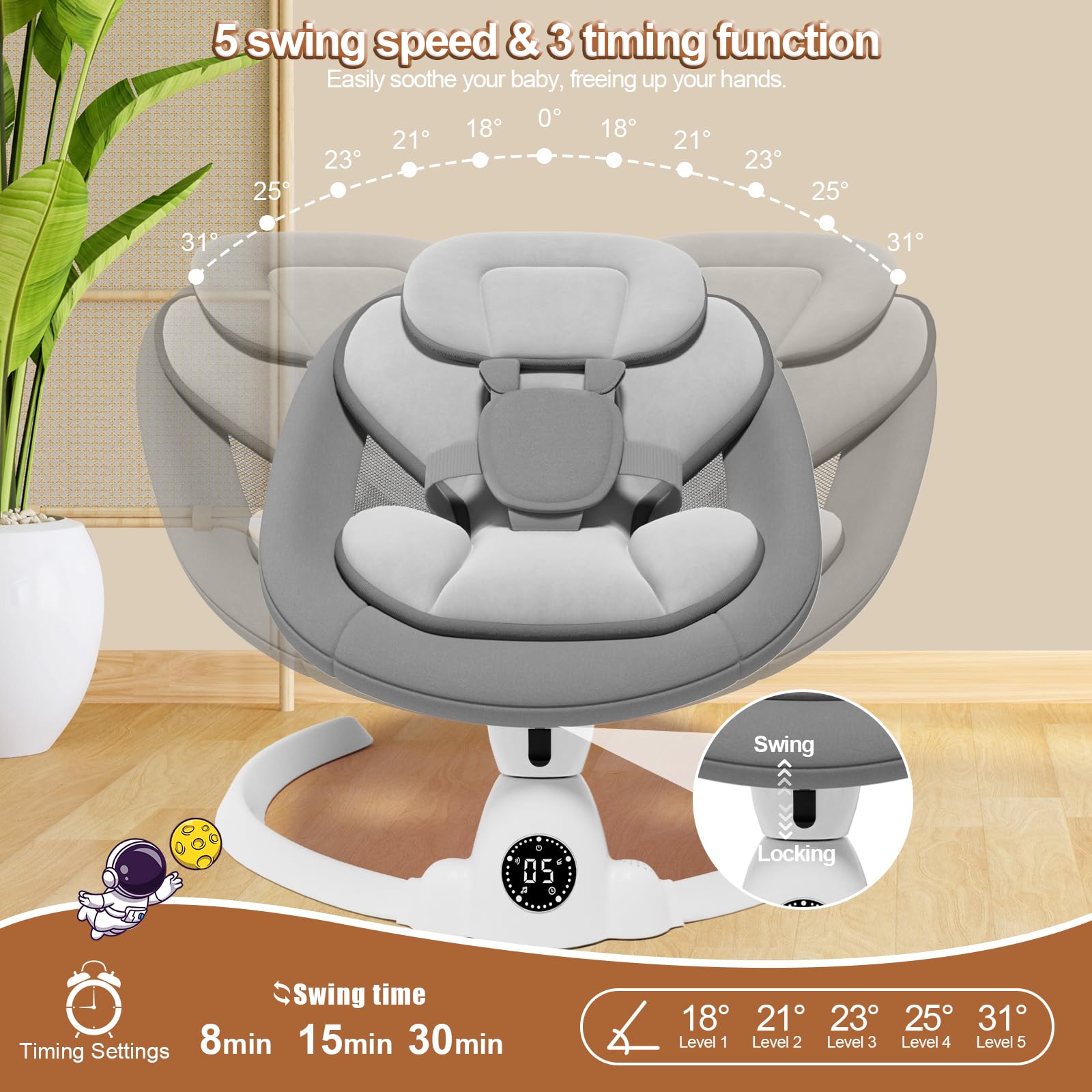 Electric Baby Swing for Infants to Toddlers - Remote Control & Bluetooth Music with 10 Preset Lullabies - Gray - Perfect for Nursery, Bedtime Soothing & Hands-Free Parenting