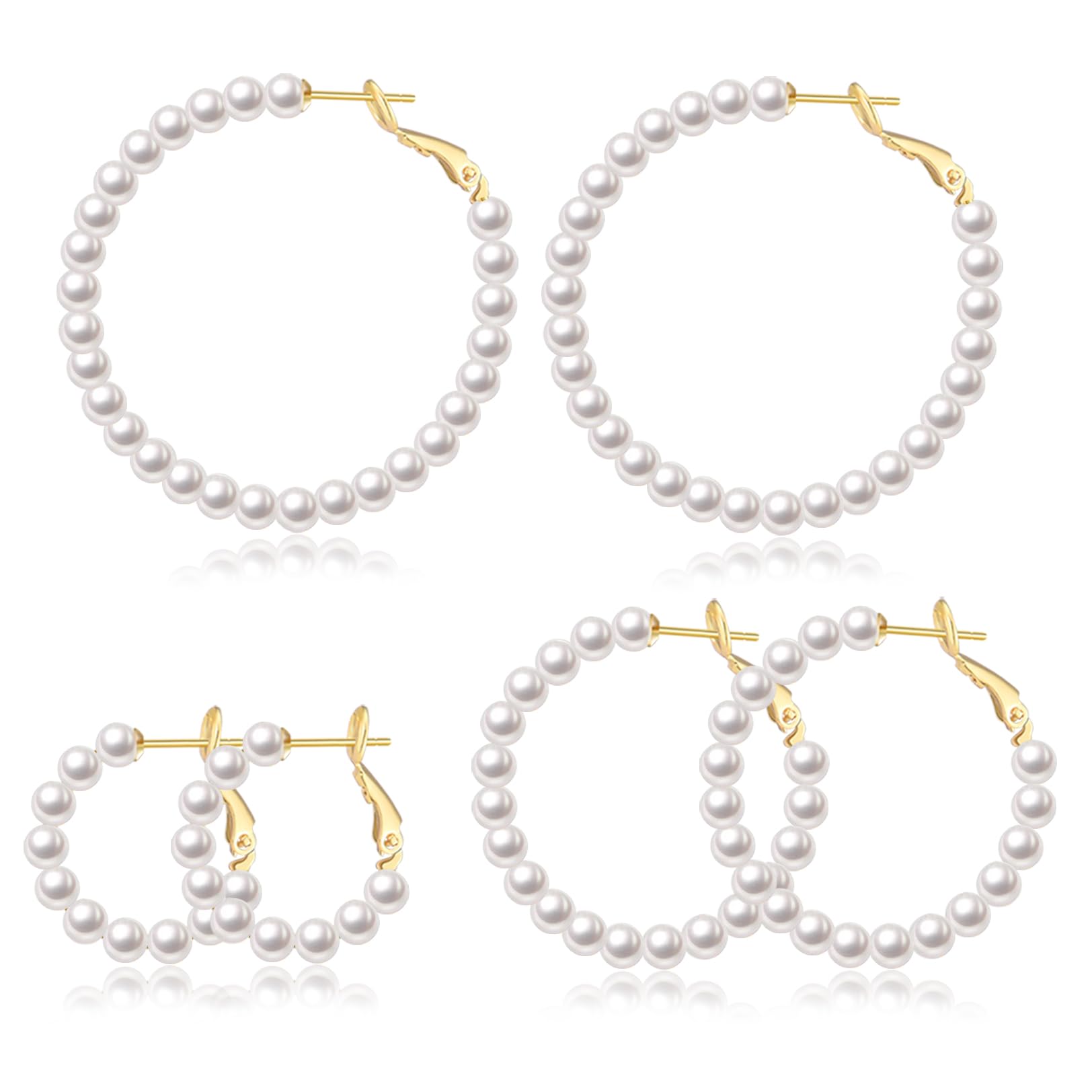 CERSLIMO 14K Gold Plated Pearl Hoop Earrings for Women - 3 Pairs S925 Sterling Silver Large Hoop Earrings Set (4mm Pearl, 20/30/40/50mm) | Elegant Jewelry Gift for Birthday, Anniversary & Special Occasions