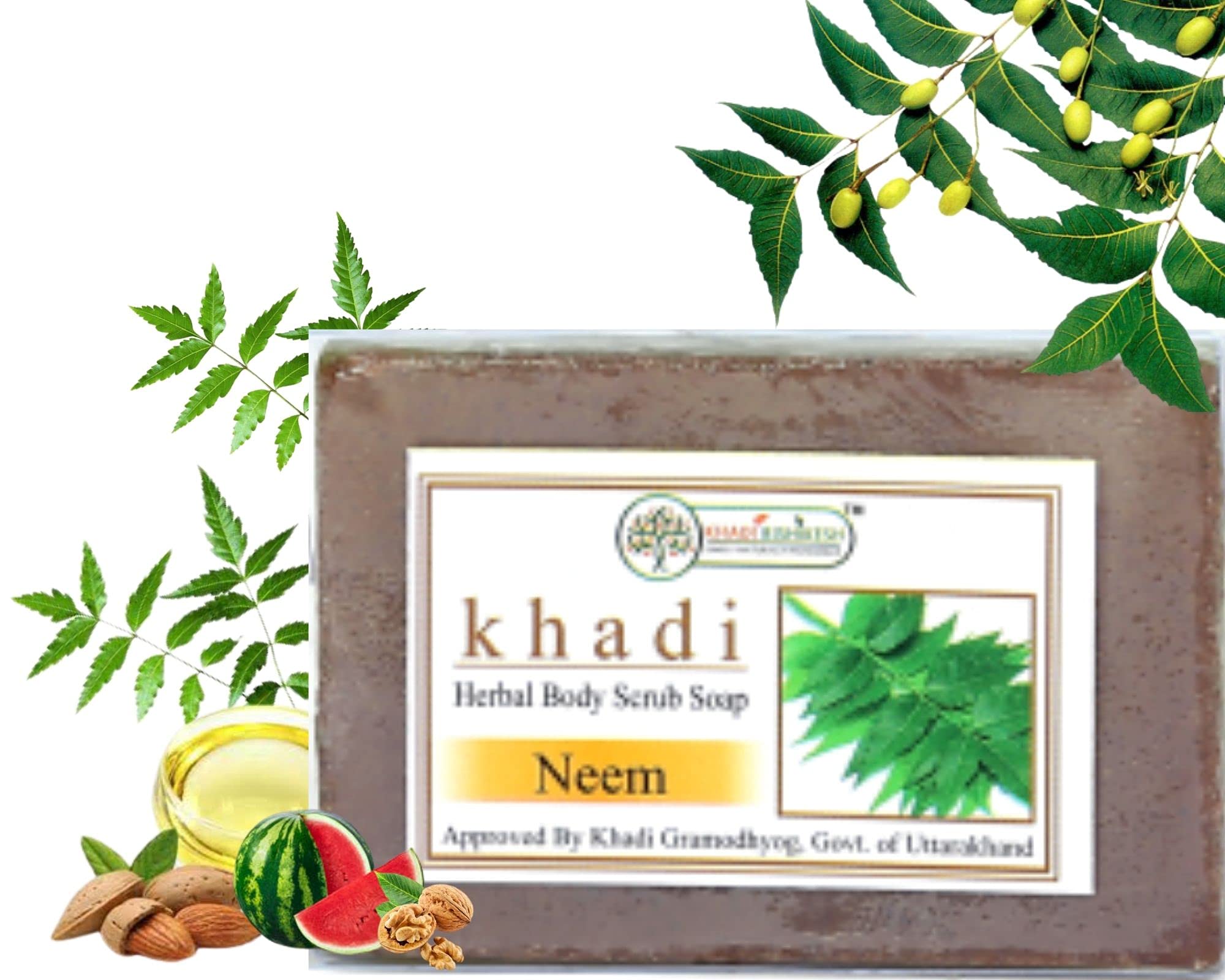 Khadi Rishikesh Herbal Neem Bathing Bar - Handmade Scrub Soap for Face & Body | Controls Acne, Pimples & Oil | Brightening Beauty Soap | Perfect for Summer Skincare - Men & Women (125g x 2 Pack, 250g Total) with Free Towel - Ideal for Daily Cleansing & Acne-Prone Skin