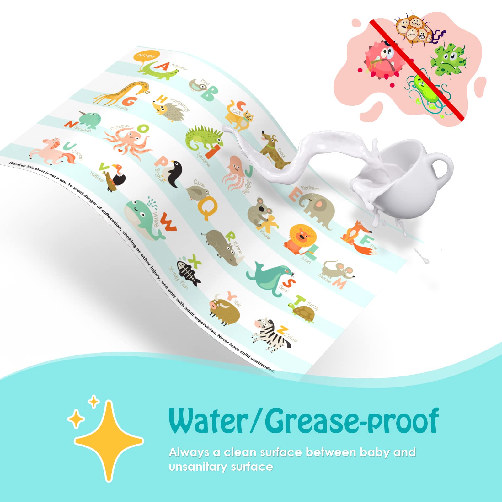 55 Pack Disposable Baby Placemats - Sticky Table Mats with ABC Animal Alphabet Design - Perfect for Restaurants, Travel & Toddler Dining Essentials - Ideal for Mess-Free Meals On-the-Go