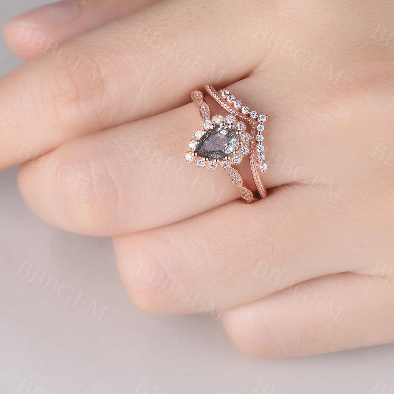 Pear Shaped Black Rutilated Engagement Ring - Rose Gold Diamond Wedding Band with Black Gemstone | Anniversary Gift for Her | Perfect for Proposals, Weddings & Special Occasions