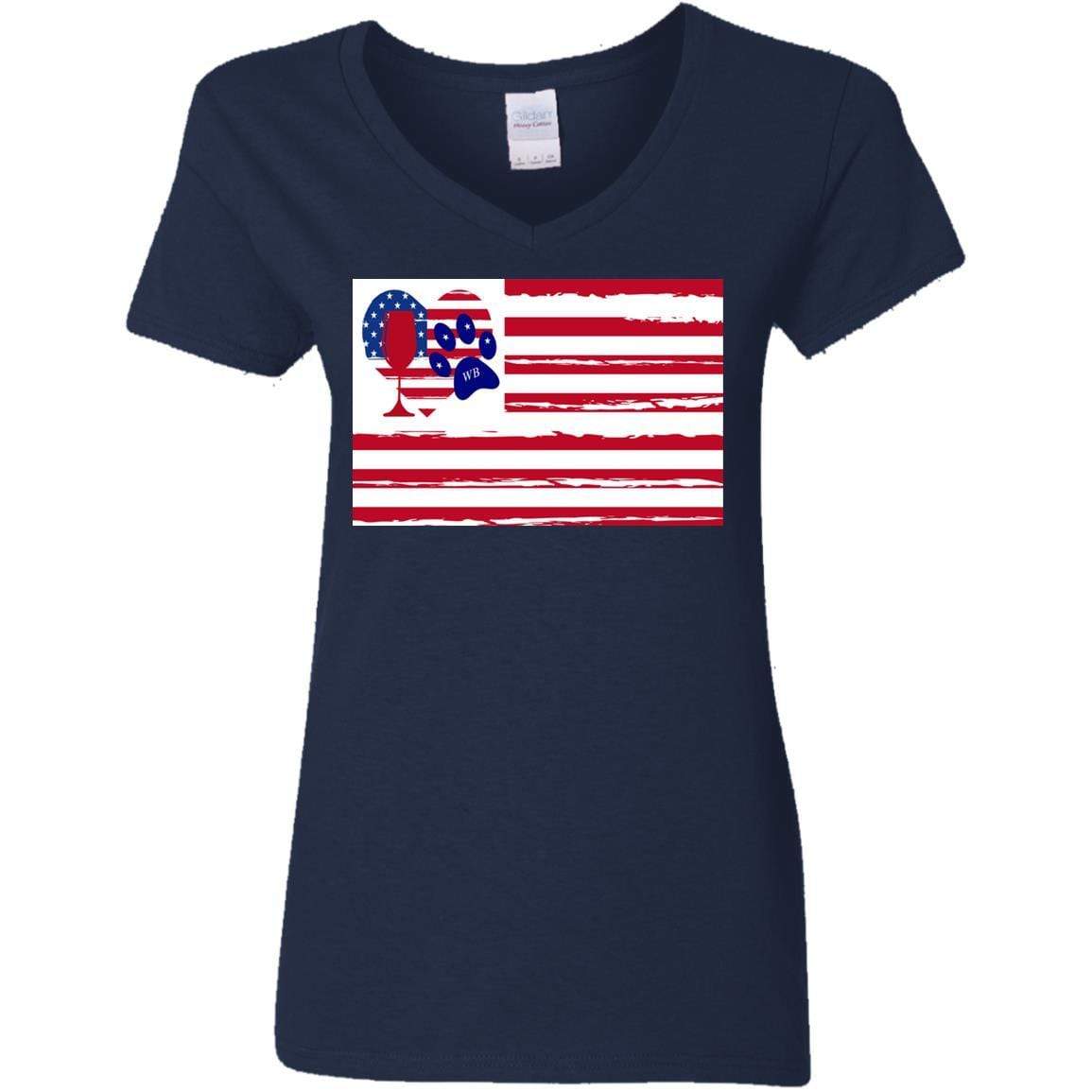 American Flag Wine Paw Heart V-Neck T-Shirt for Women - 5.3 oz Soft Cotton Ladies Tee - Perfect for Patriotic Events, Wine Lovers & Pet Owners