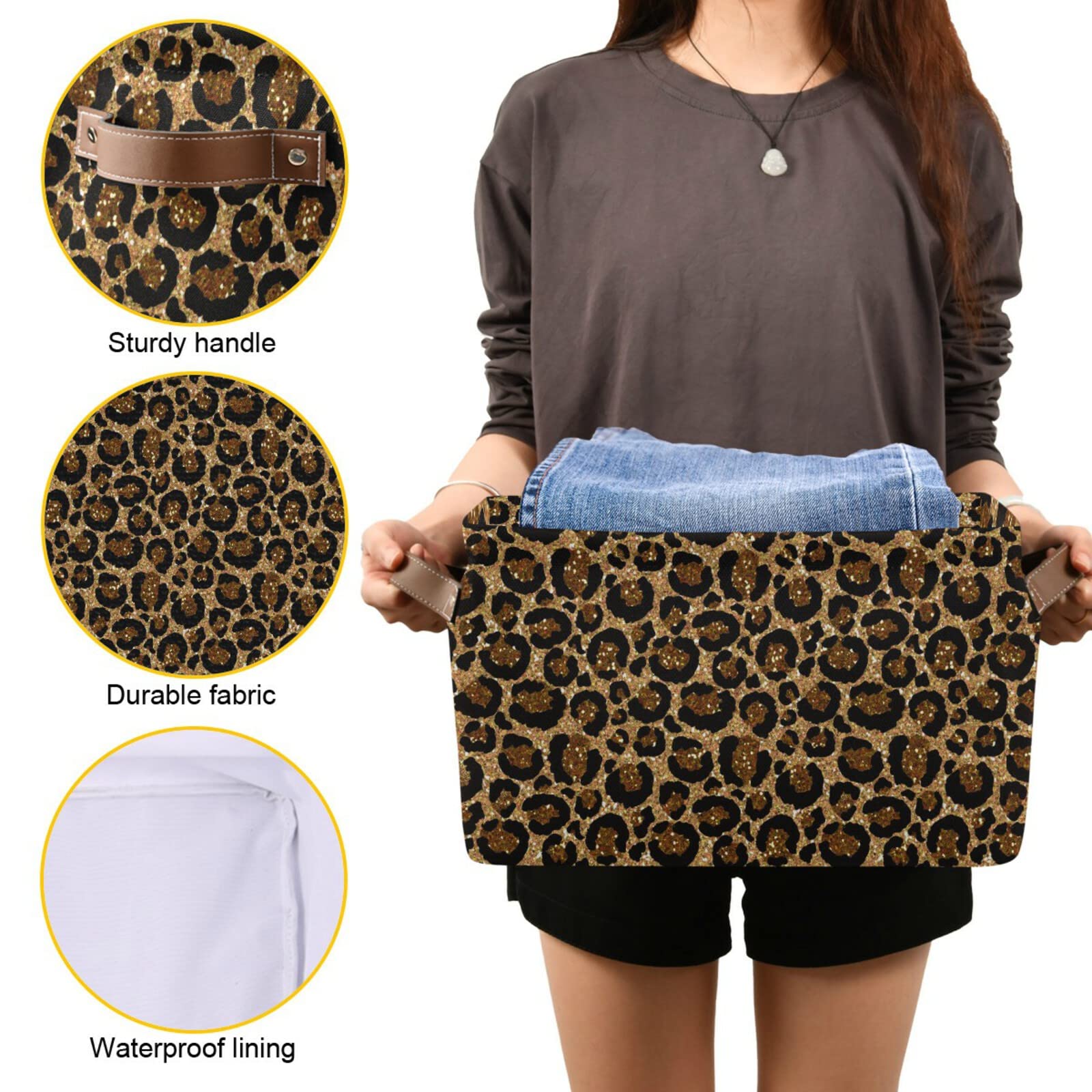 Leopard Print Collapsible Storage Basket with Leather Handles - Foldable Rectangular Storage Bin for Nursery, Kitchen & Bedroom Organization - Perfect for Toys, Blankets & Home Decor Storage