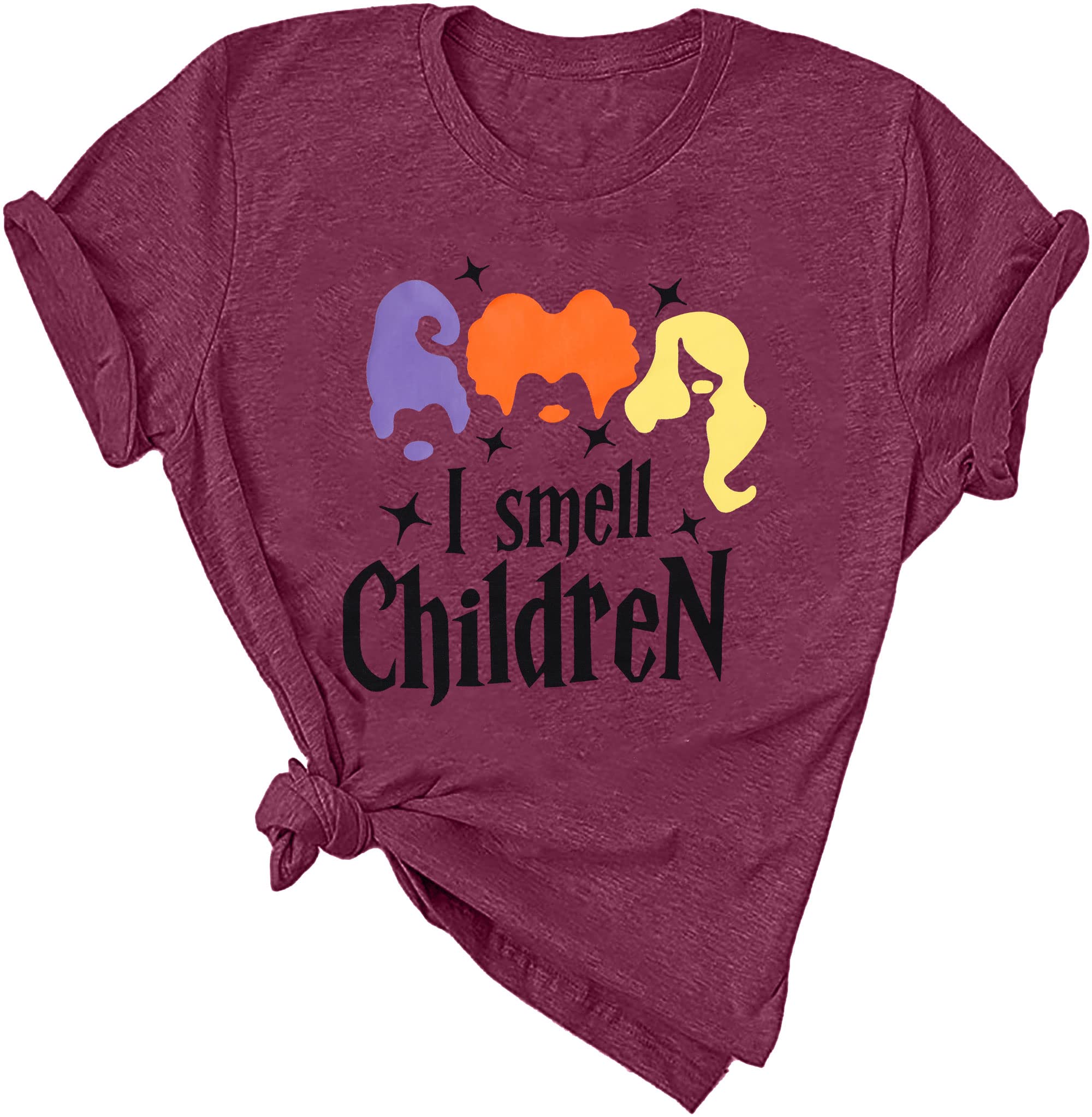 FLOYU Women's Halloween T-Shirt - Sanderson Sisters Inspired Hocus Pocus Shirt with 'I Smell Children' Print | Casual Halloween Costume Top for Teachers, Cosplay, and Halloween Parties
