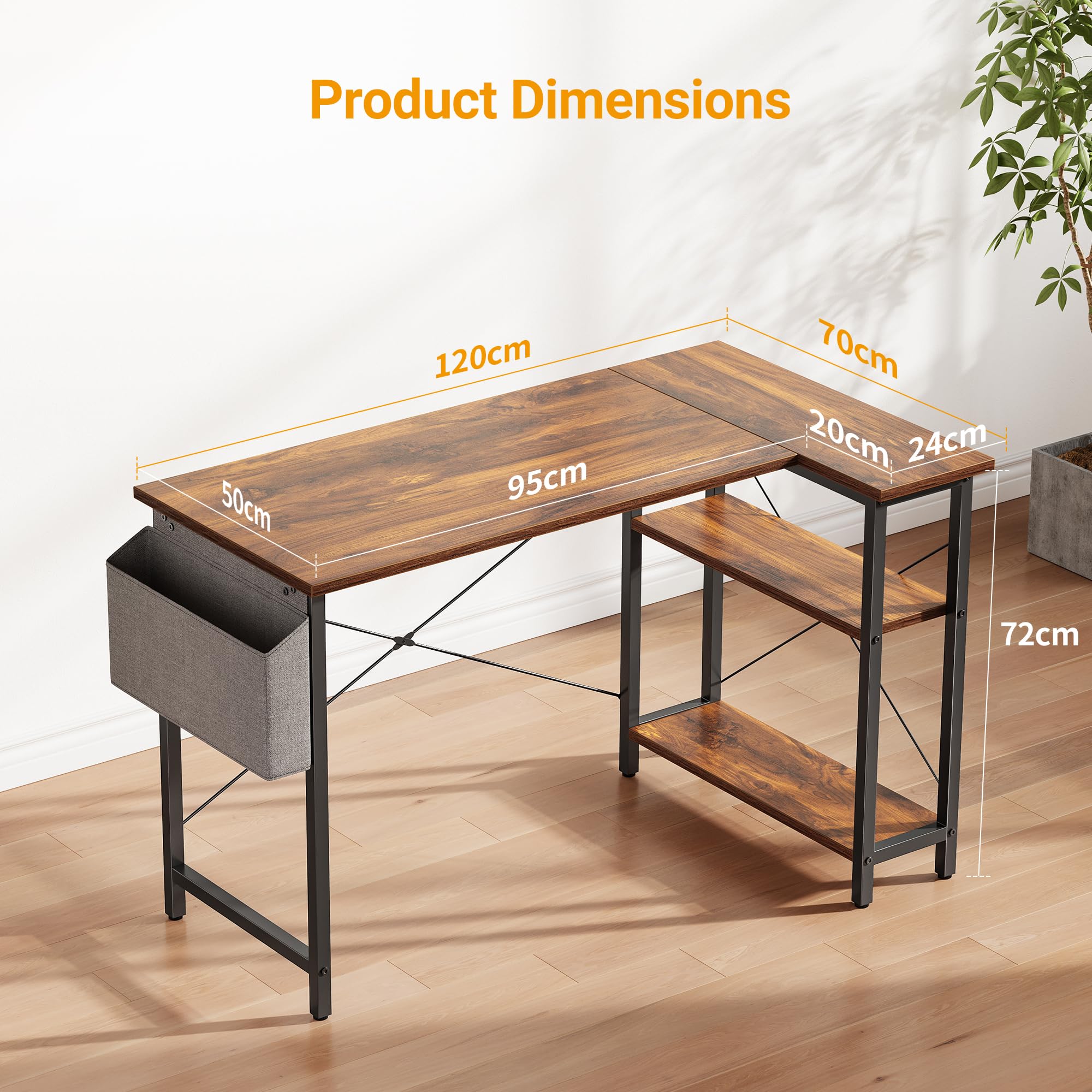 CubiCubi 120 cm Small L Shaped Computer Desk with Storage Shelves - Home Office Corner Desk, Study Writing Table in Rustic Brown - Perfect for Small Spaces, Gaming Setup & Remote Work