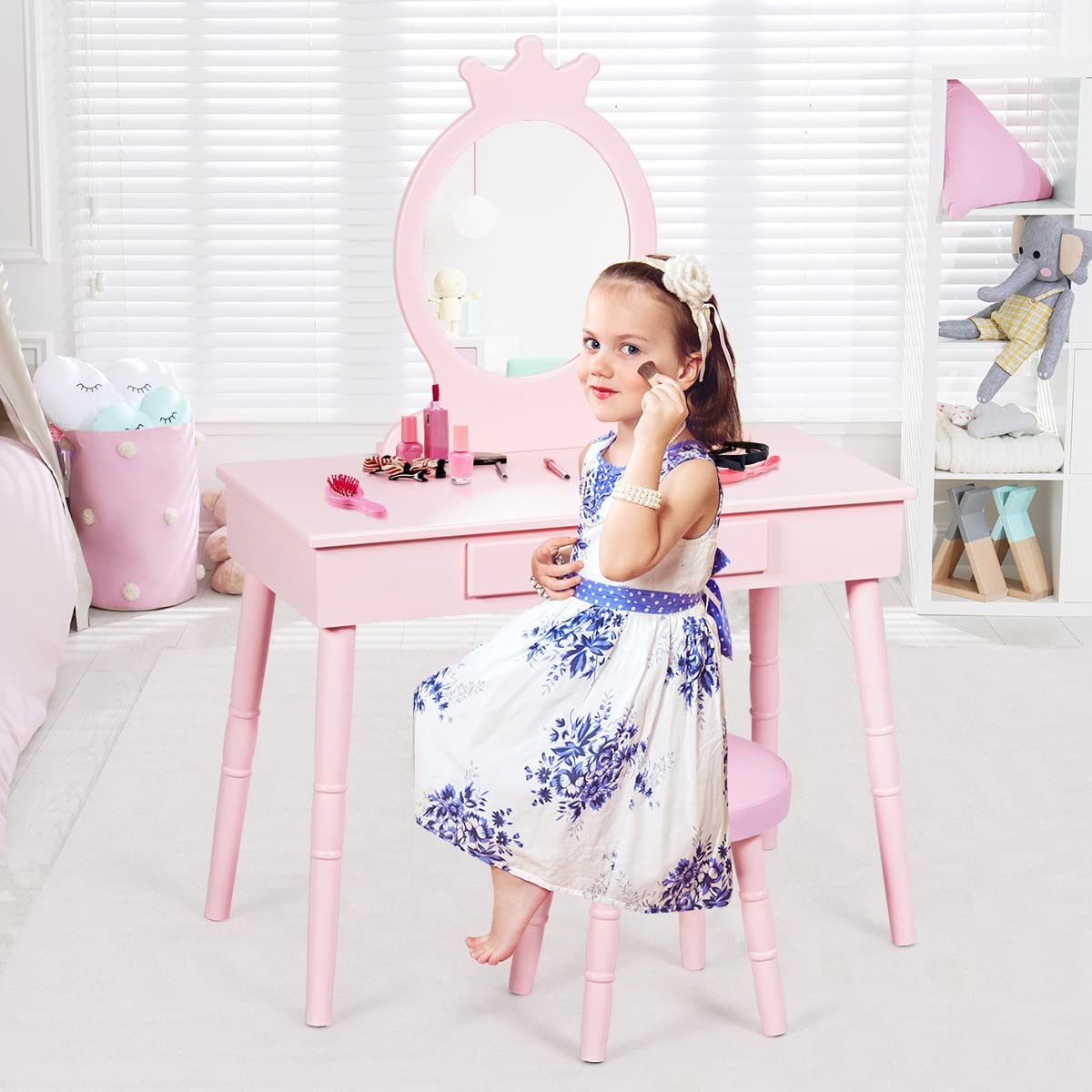 KOTEK Princess Vanity Set with Mirror & Stool - Crown Themed Kids Makeup Dressing Table with Drawers, Solid Wood Legs, Pretend Play Furniture for Little Girls (Pink) | Perfect for Birthday Gifts, Bedroom Decor & Role Play Activities