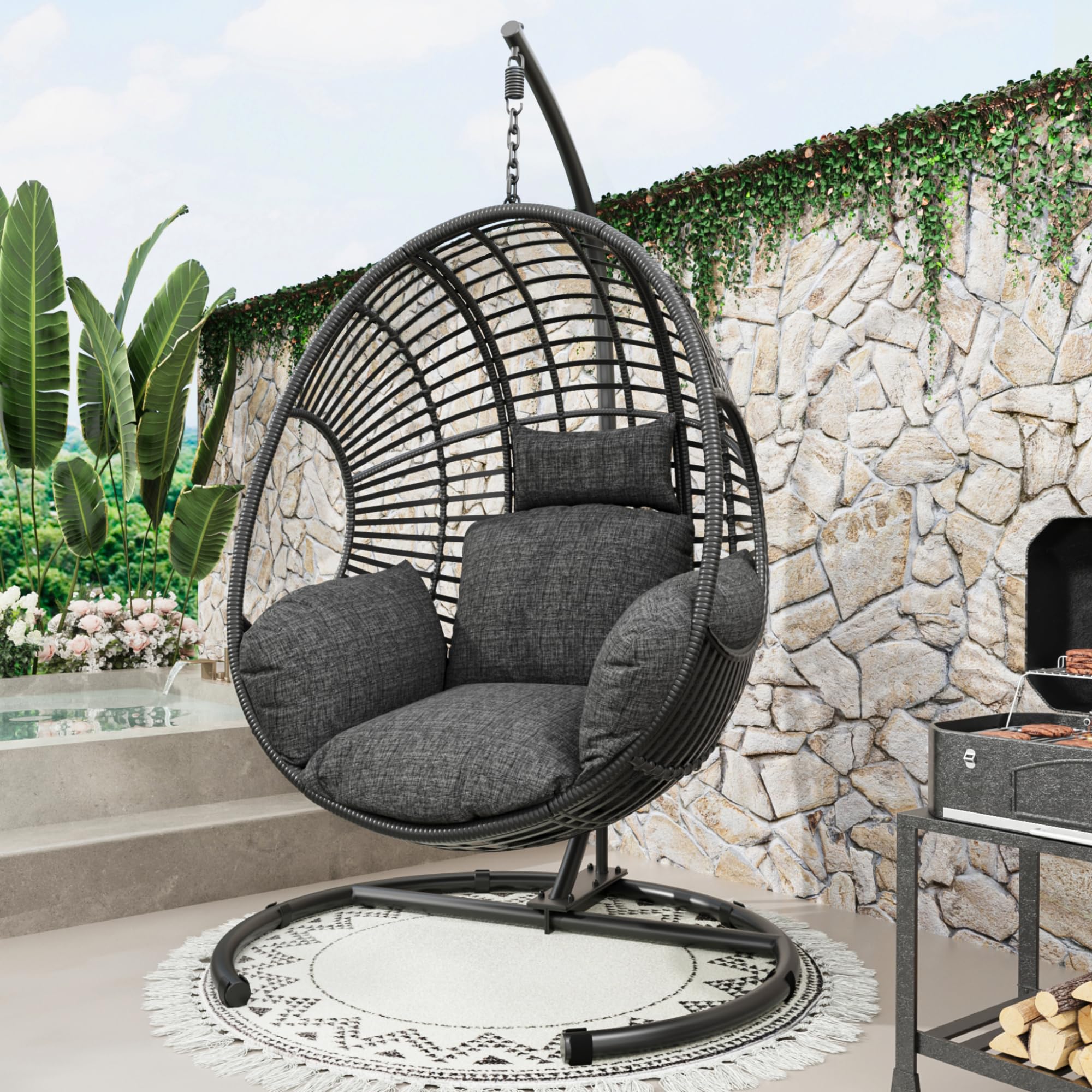 Oversized Hanging Egg Chair - Outdoor Wicker Swing Chair with Stand, Rain Cover & UV-Resistant Cushion (400lbs Capacity) - Perfect for Patio, Garden, Balcony, Backyard Relaxation & Boho Decor